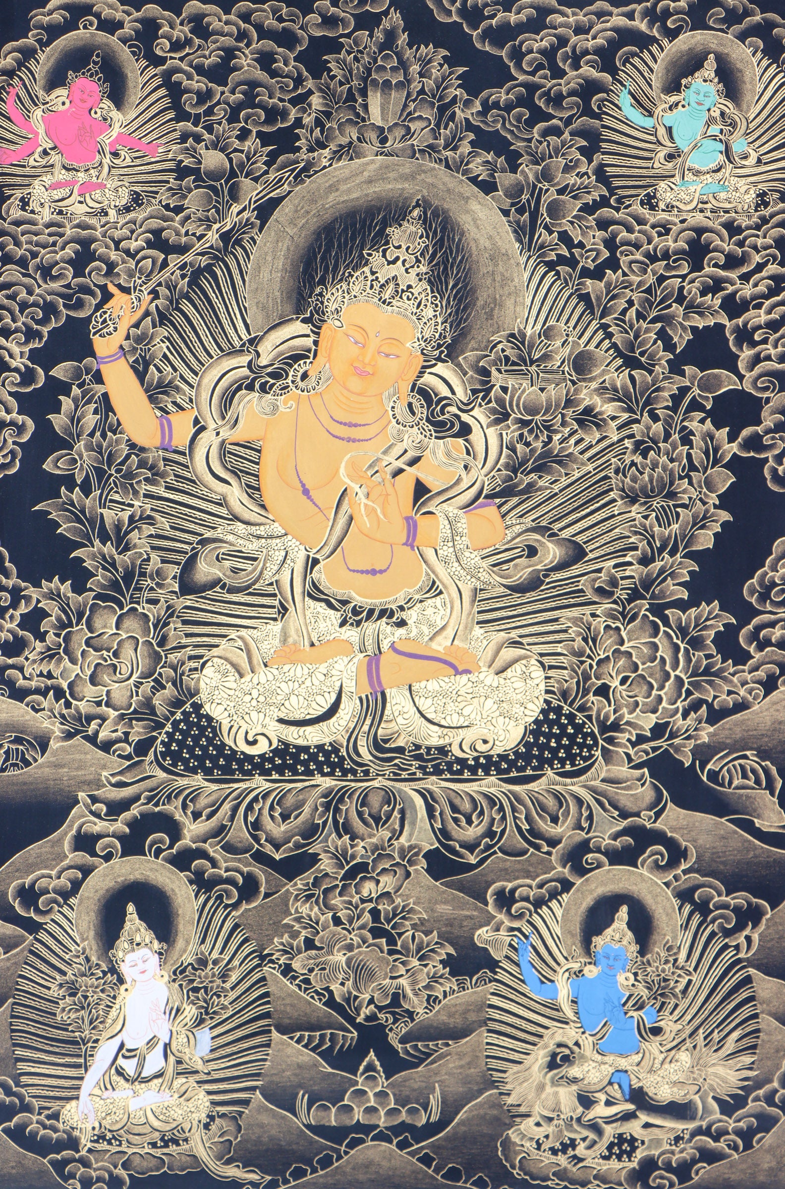 Manjushri Thangka Painting serves as visual aid for meditation.