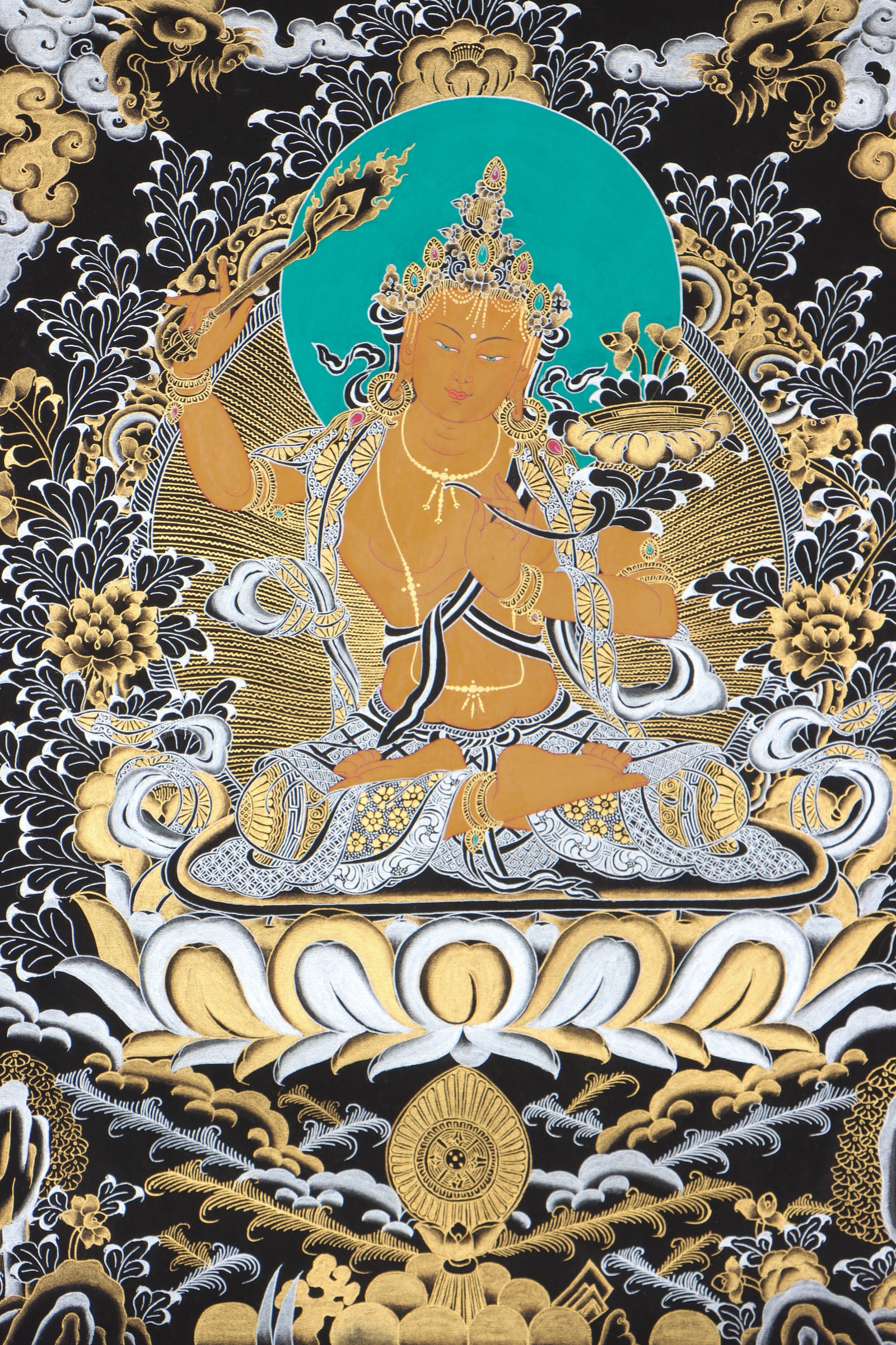 Manjushri Thangka can enhance intellect, clarity of thinking, and understanding of the true nature of things.