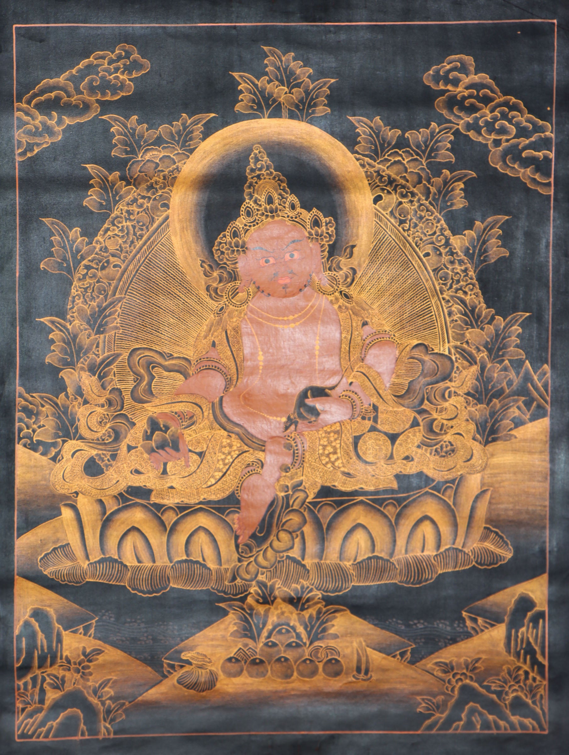 Antique Zambala Thangka Painting for wealth and prosperity.