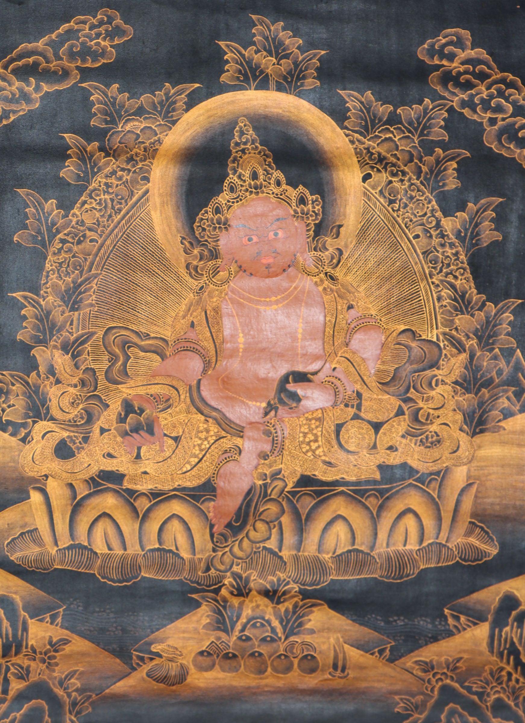 Antique Zambala Thangka Painting for wealth and prosperity.