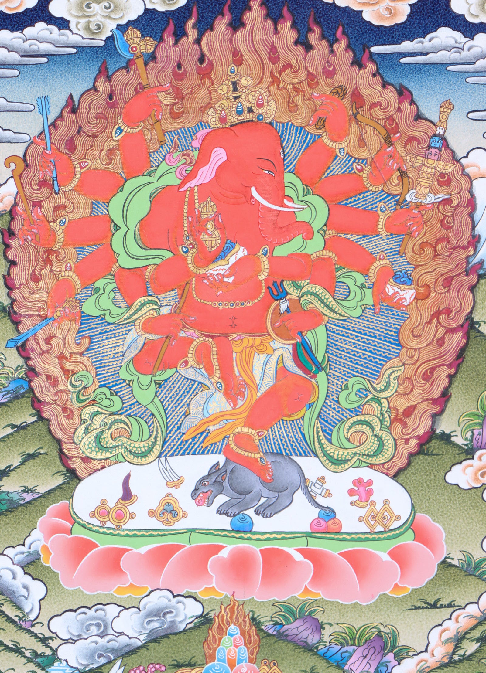The Red Ganesh Thangka aids devotees to connect with and seek blessings from Lord Ganesh.