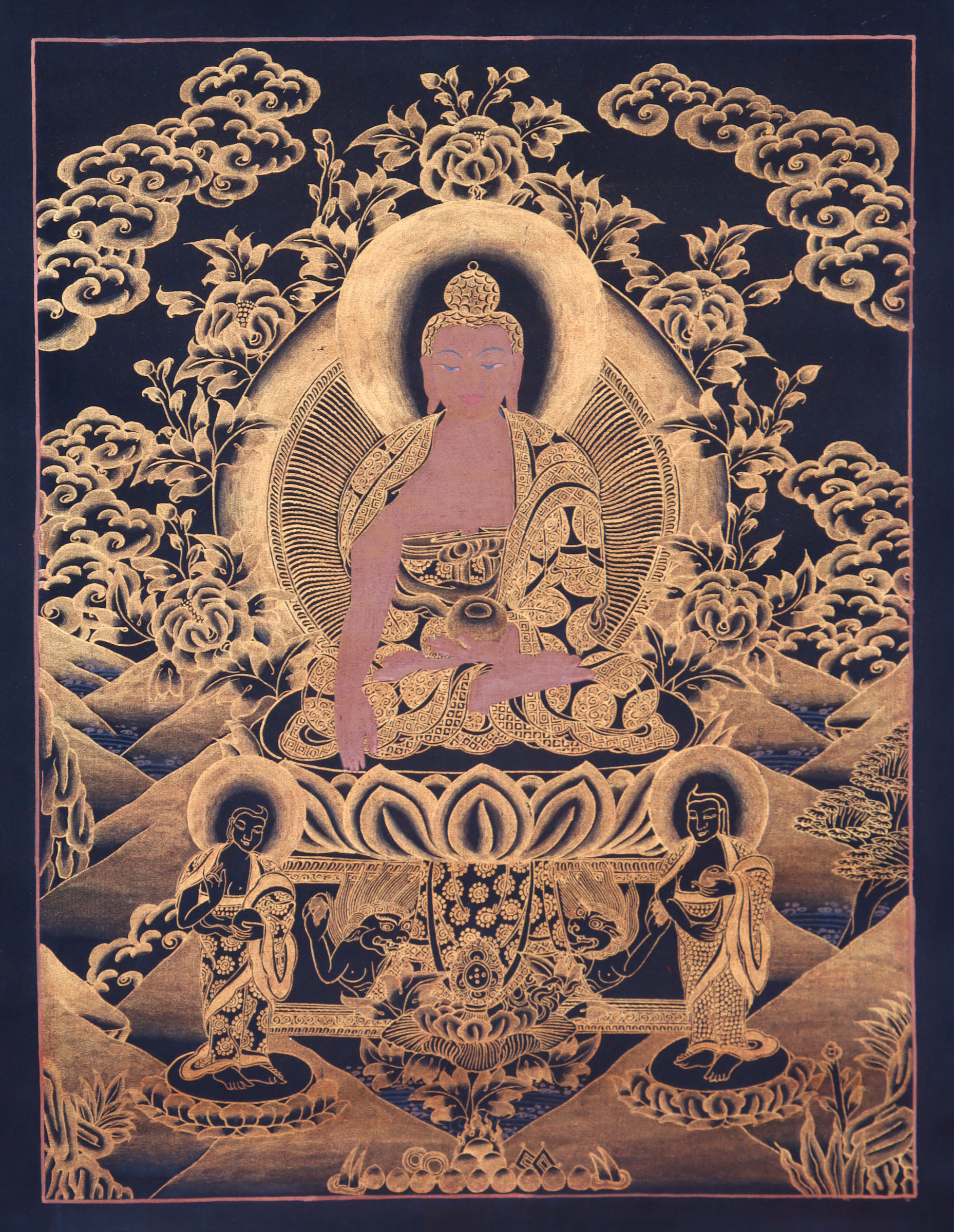 Antique Shakyamuni Buddha Thangka for wall decor.