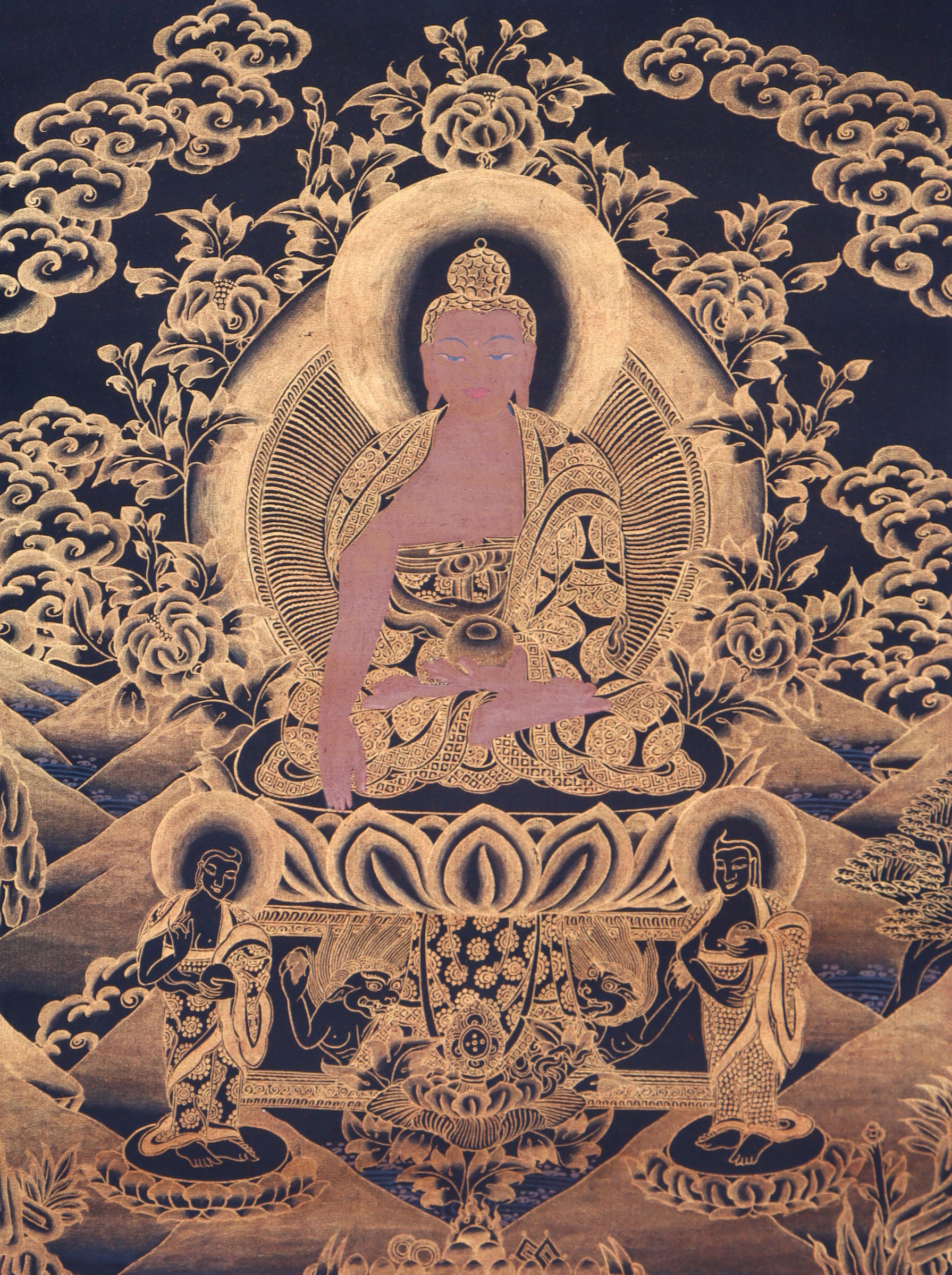 Antique Shakyamuni Buddha Thangka for wall decor.