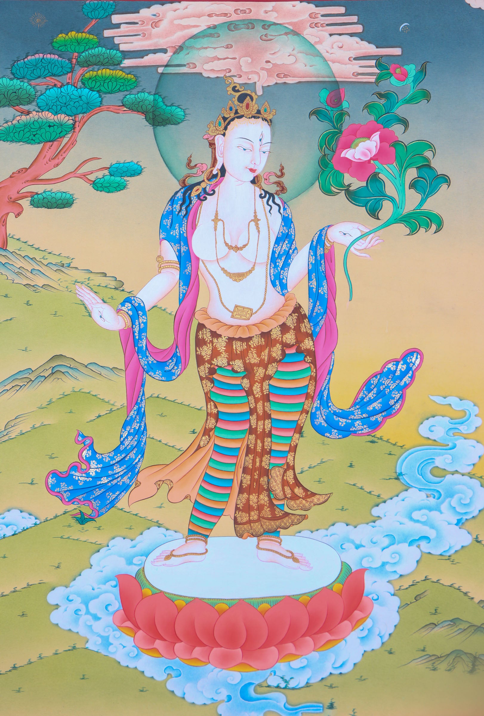 Standing White Tara Thangka Painting for wall decor.