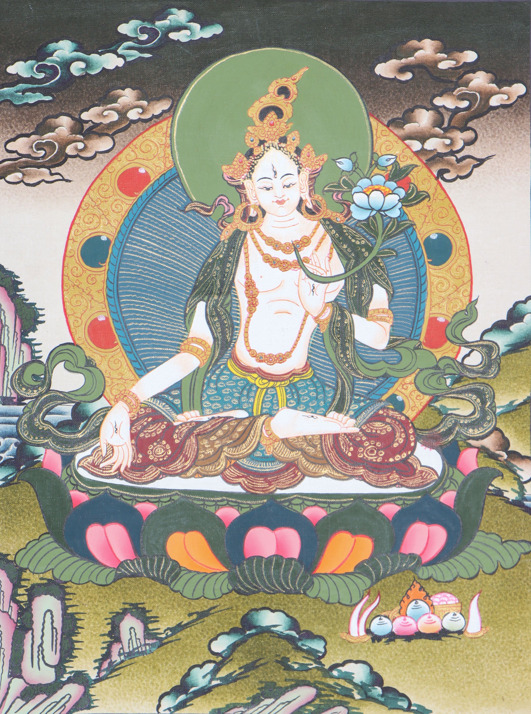 White Tara Thangka for wall decor and spirituality.