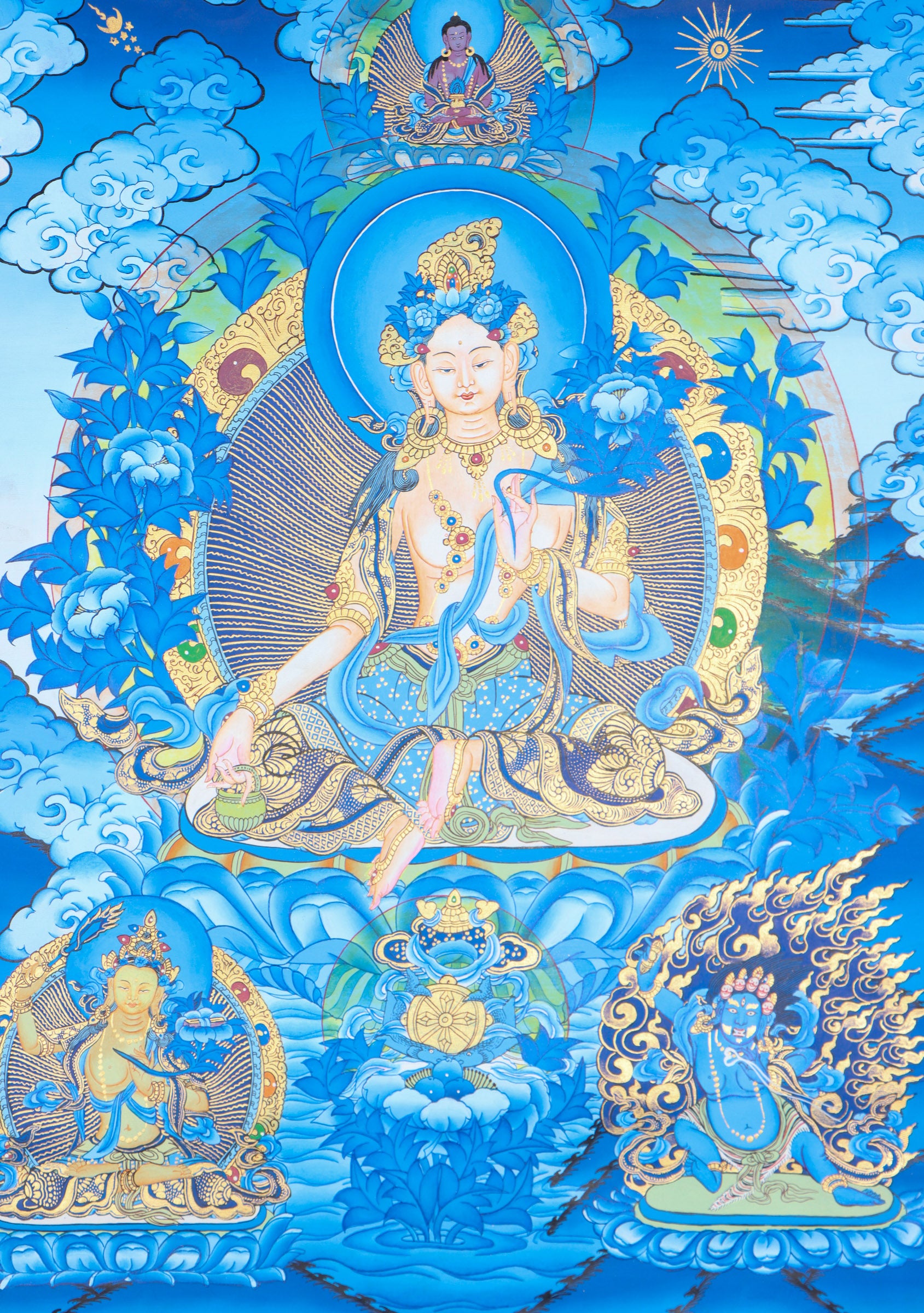 White Tara Thangka Painting for prayer and devotion.