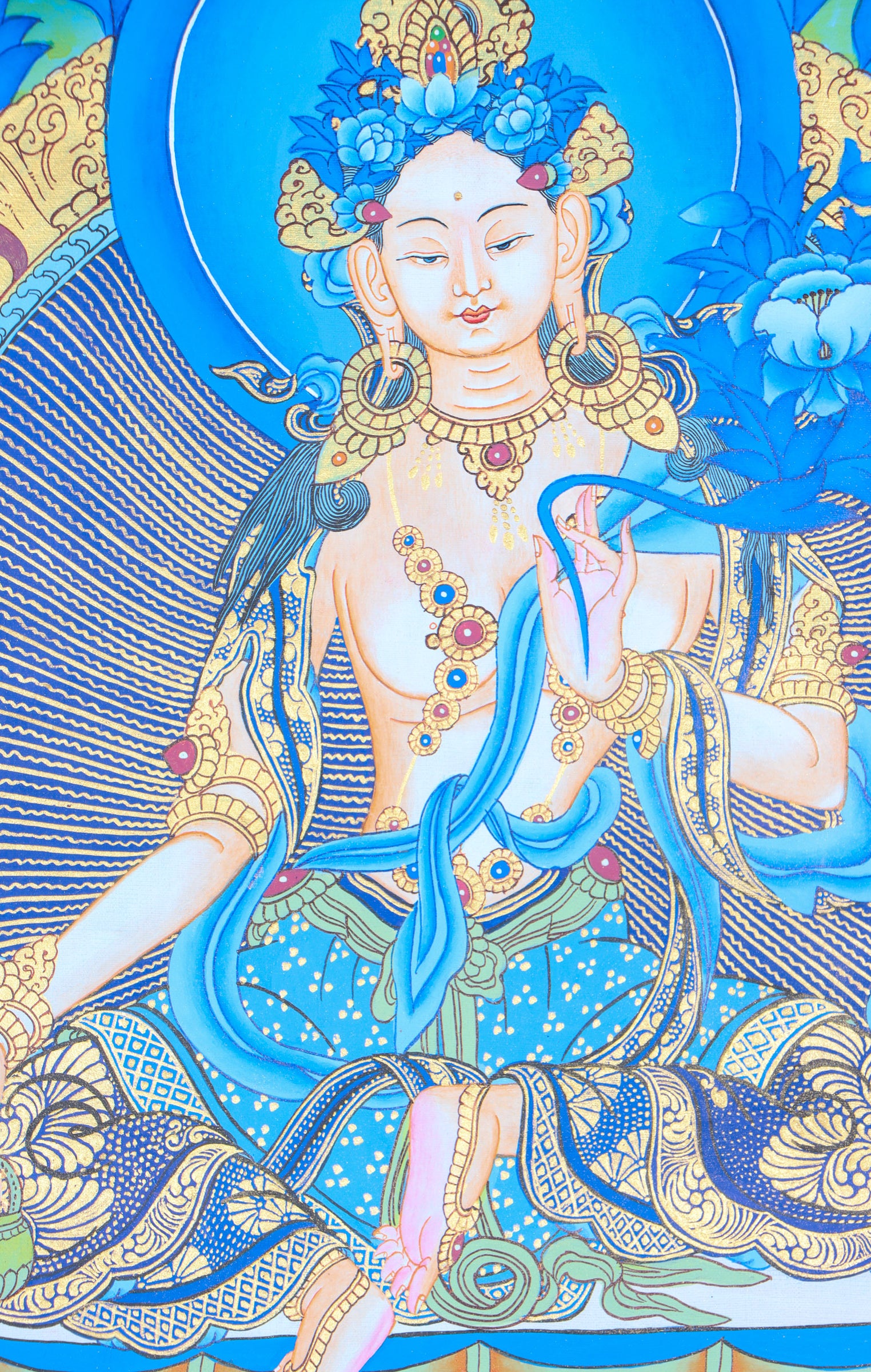 White Tara Thangka Painting for prayer and devotion.