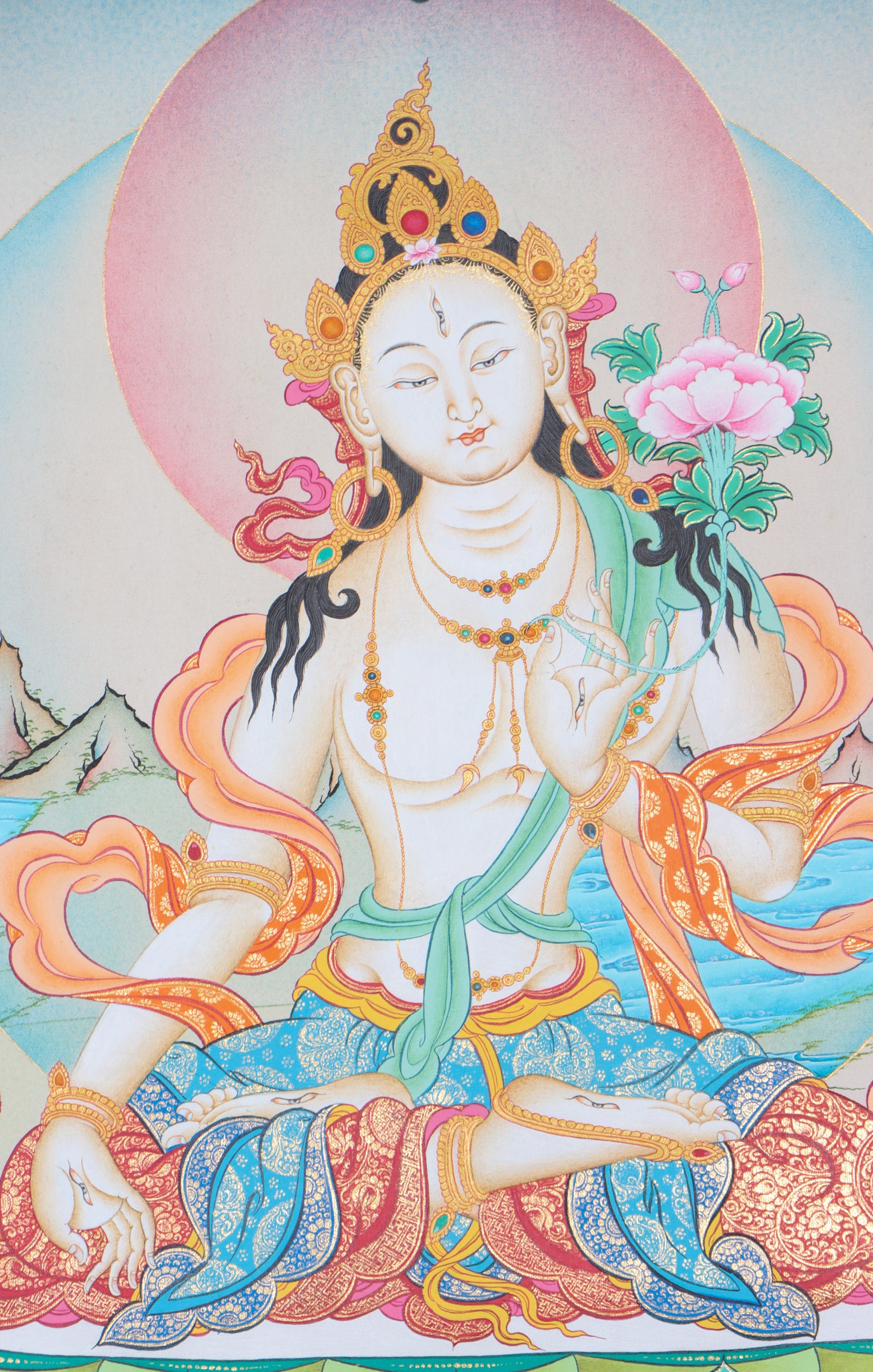 White Tara Thangka for prayer and devotion.