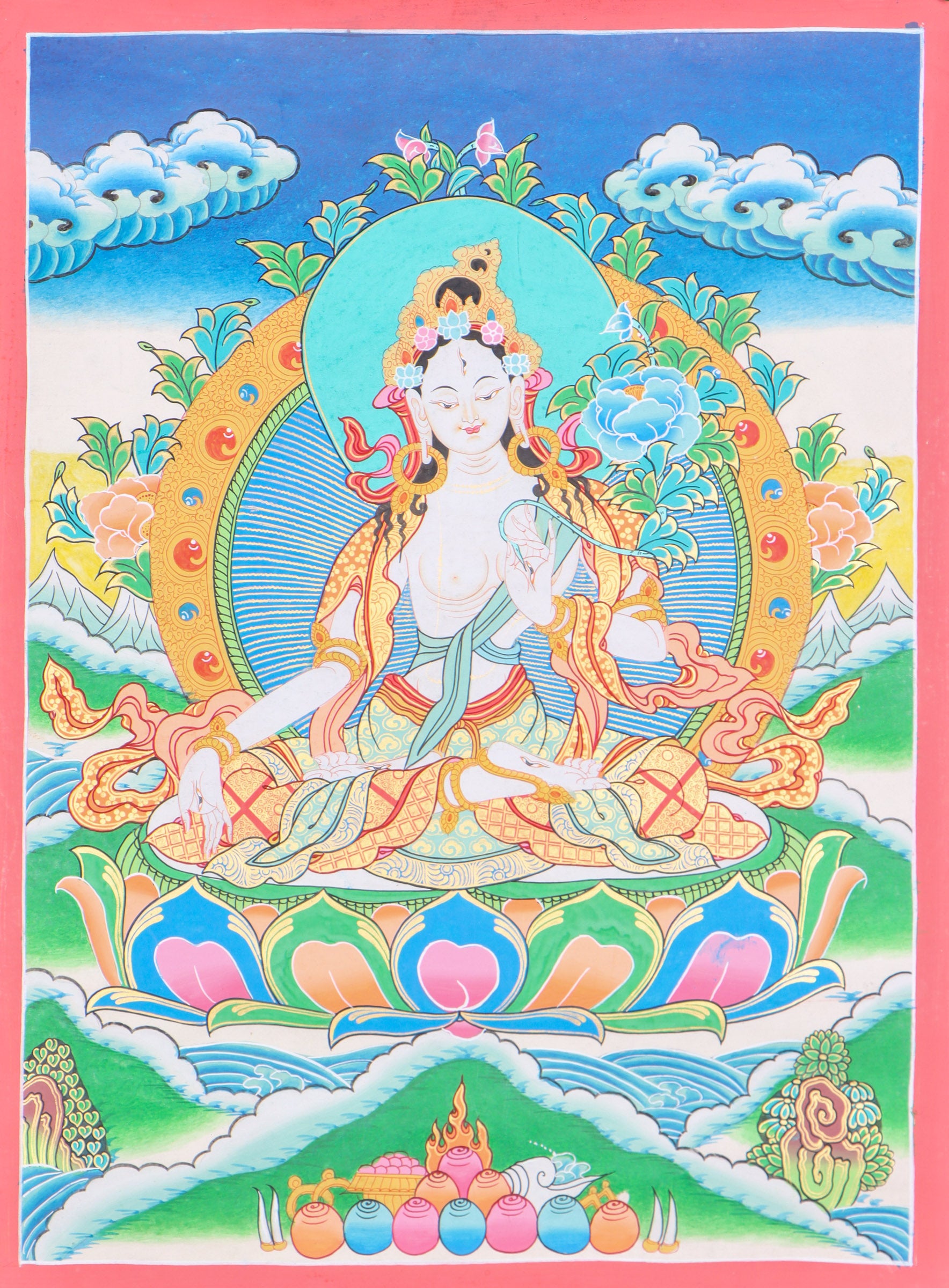 White Tara thangka painting for compassion, longevity, and healing.