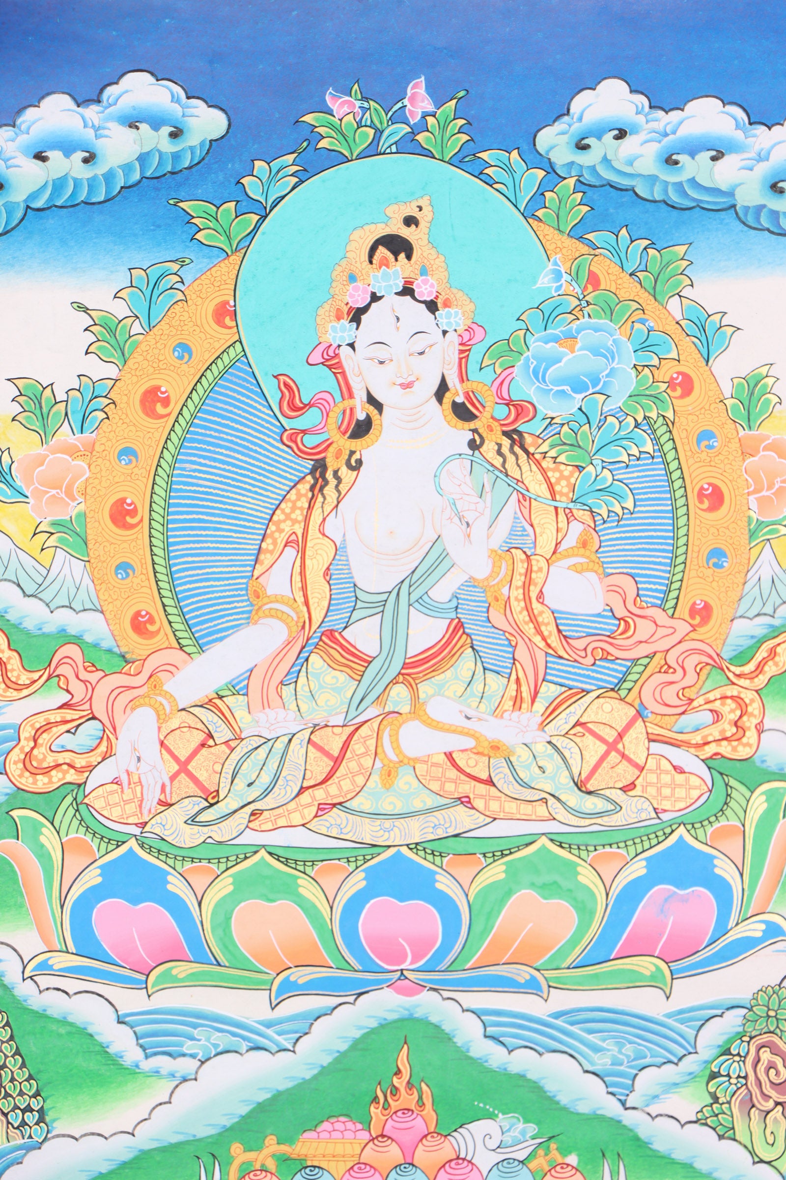 White Tara thangka painting for compassion, longevity, and healing.