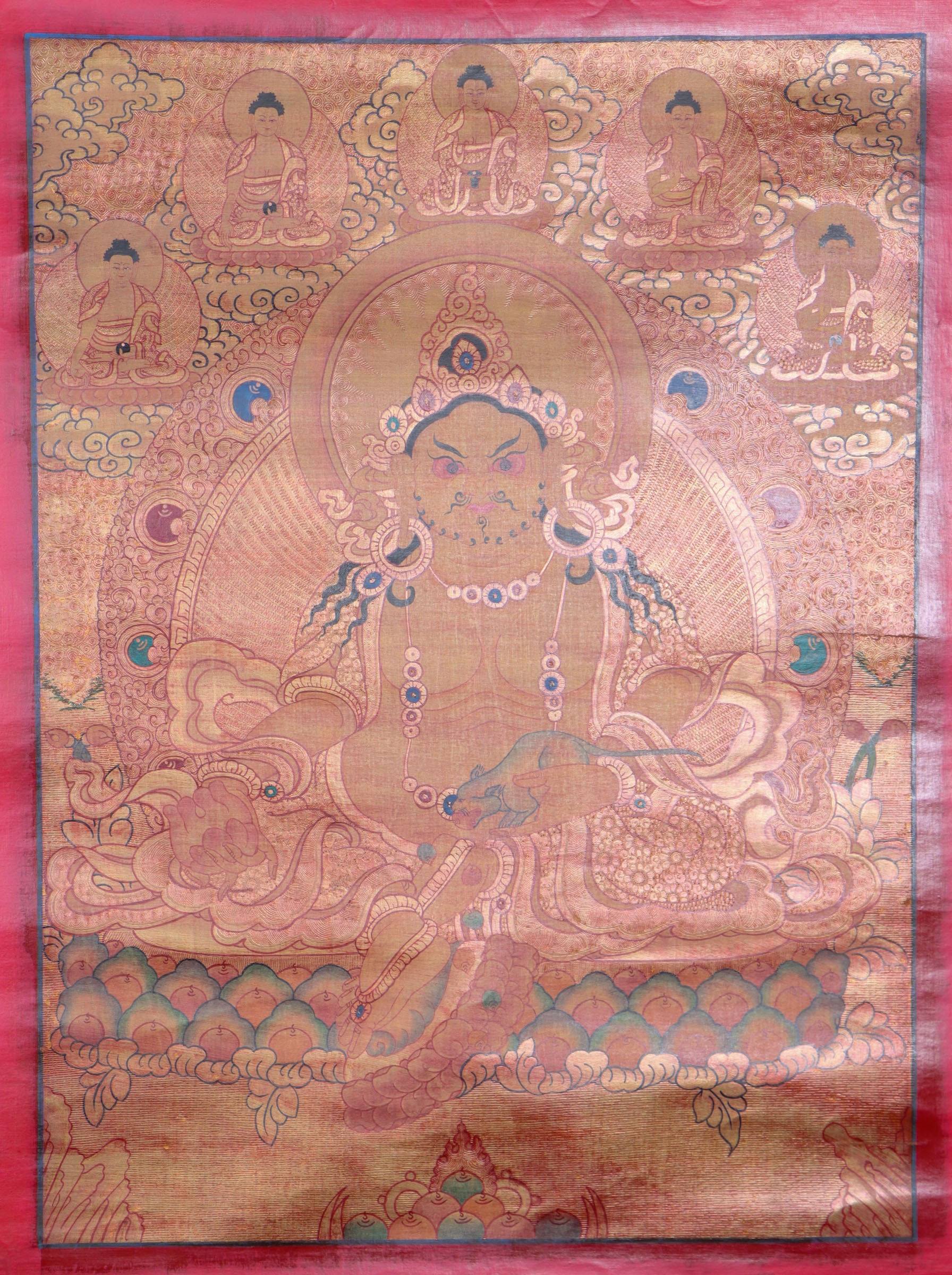 Antique Zambala Thangka Painting for wealth and prosperity.