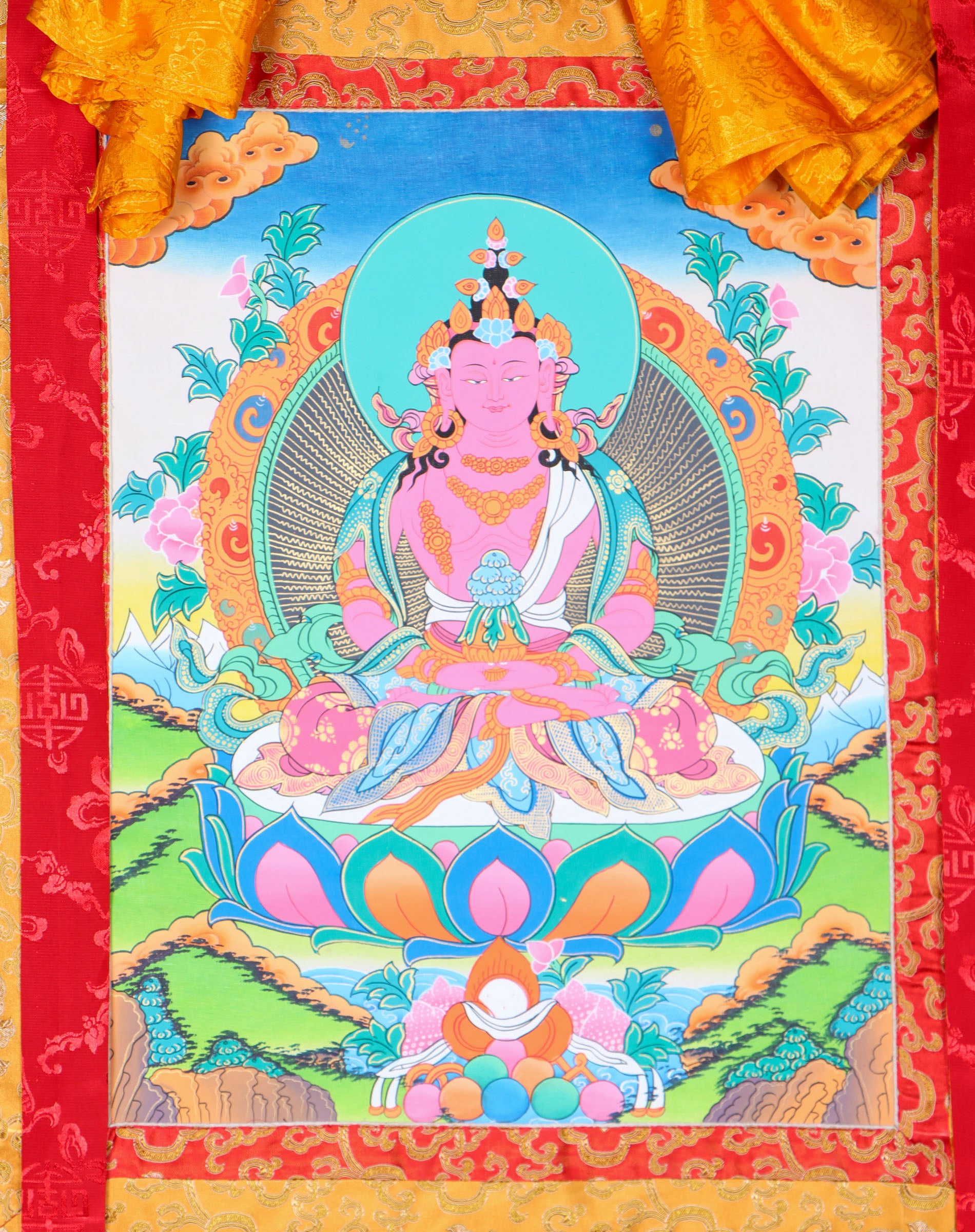 Amitayus Brocade Thangka Painting for home decor.