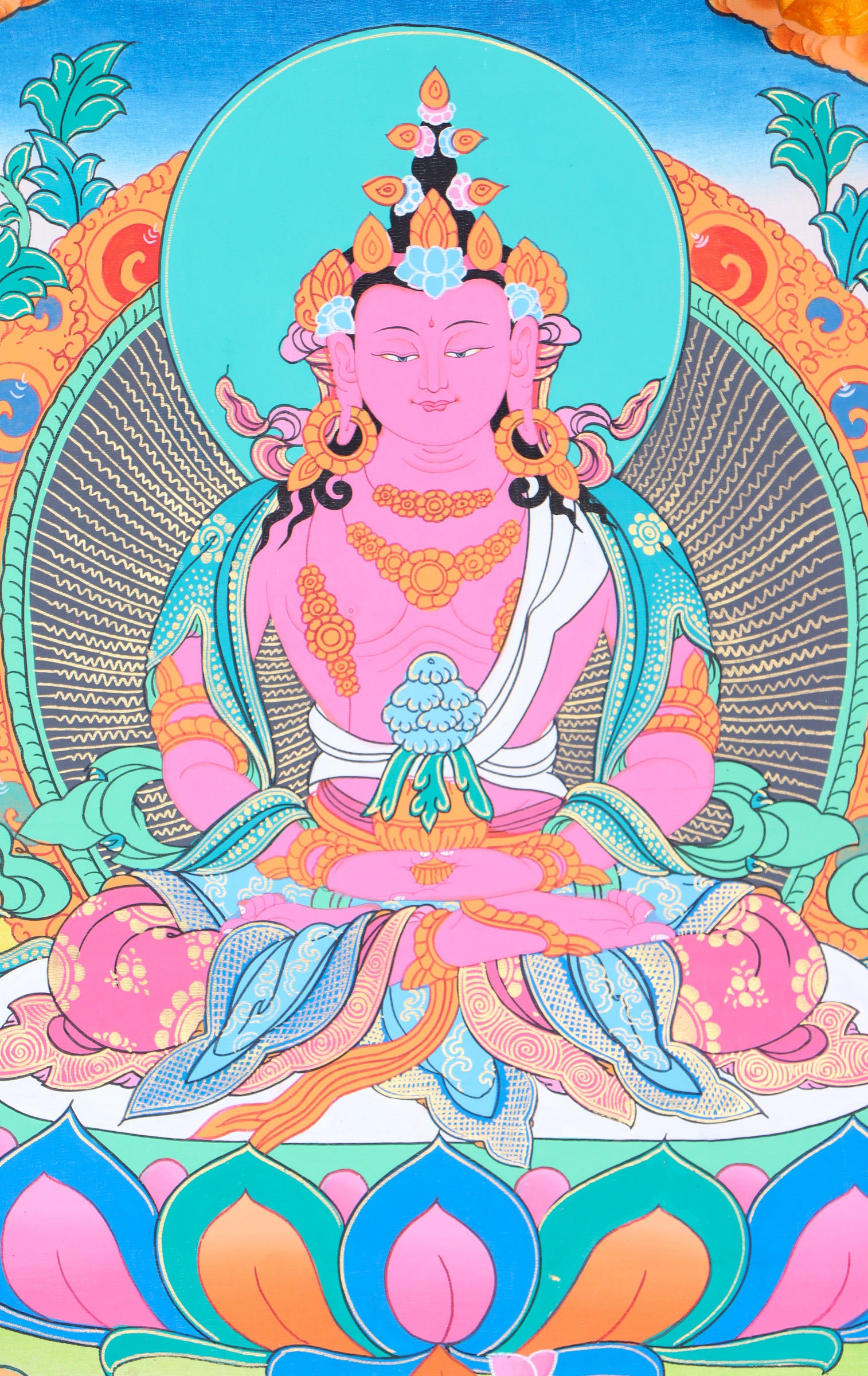 Amitayus Brocade Thangka Painting for home decor.