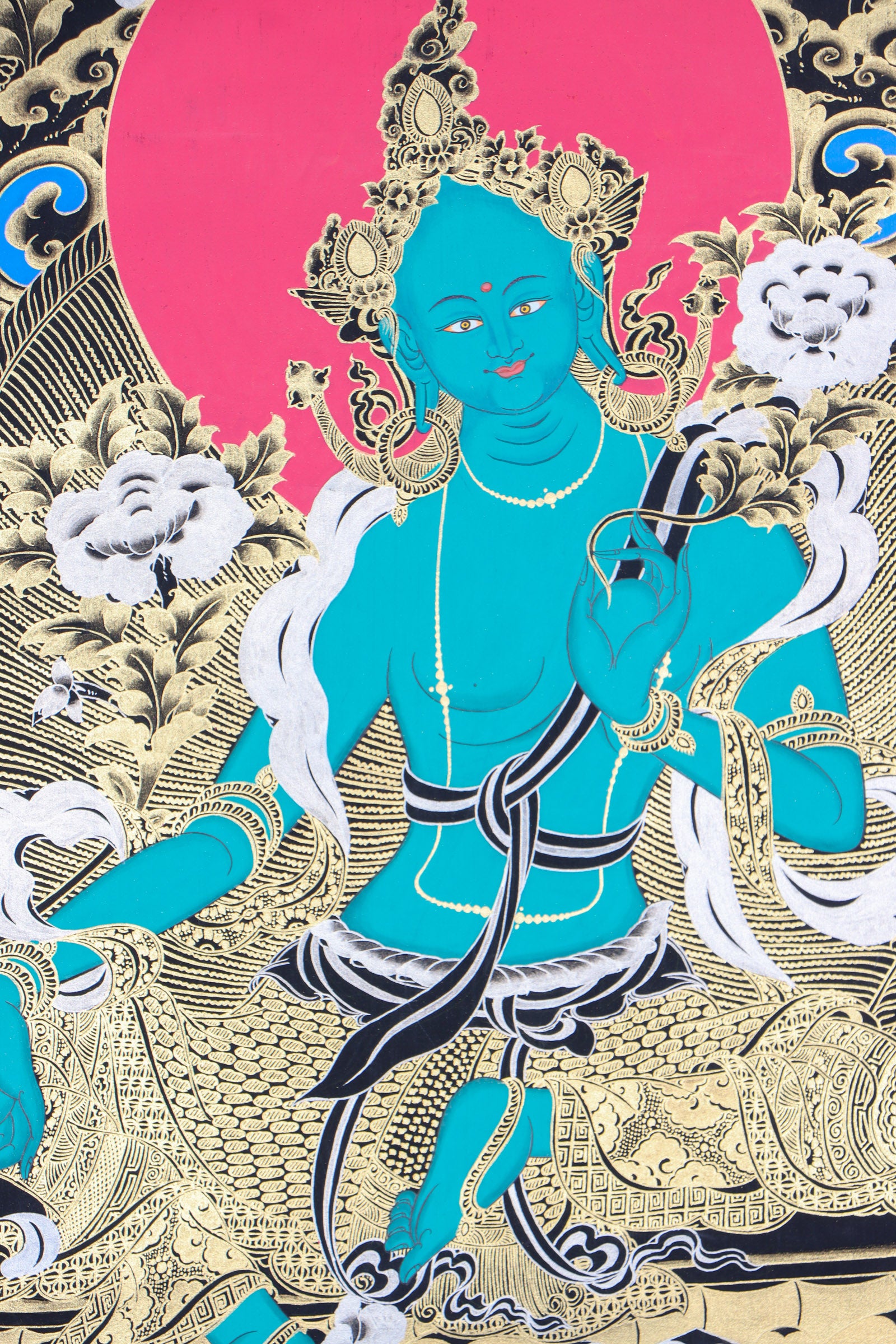 Green Tara Thangka Painting for peace, longevity, and affluence.