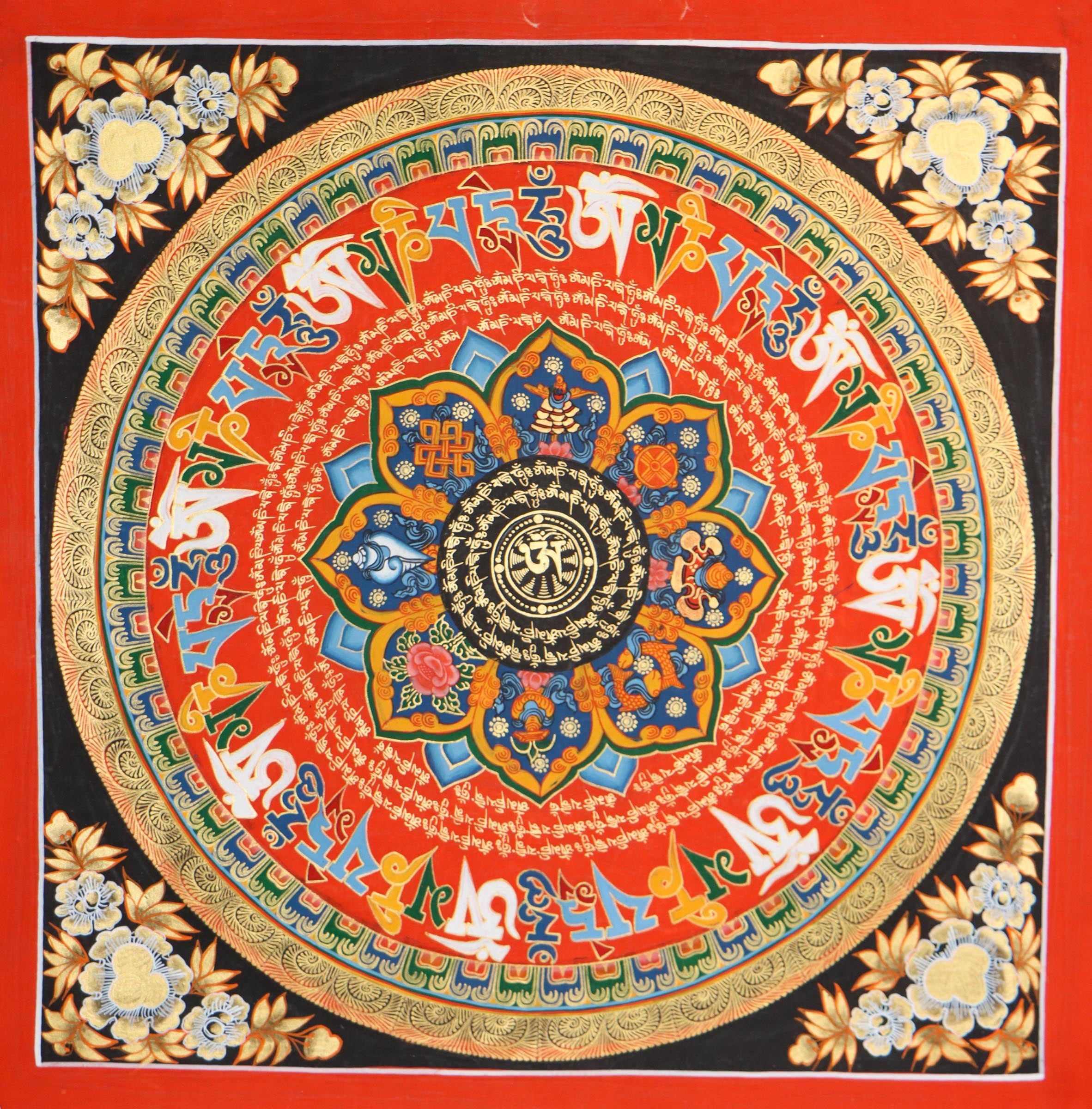 Hand painted Tibetan Mantra Mandala Thangka on cotton canvas with 8 auspicious symbol.