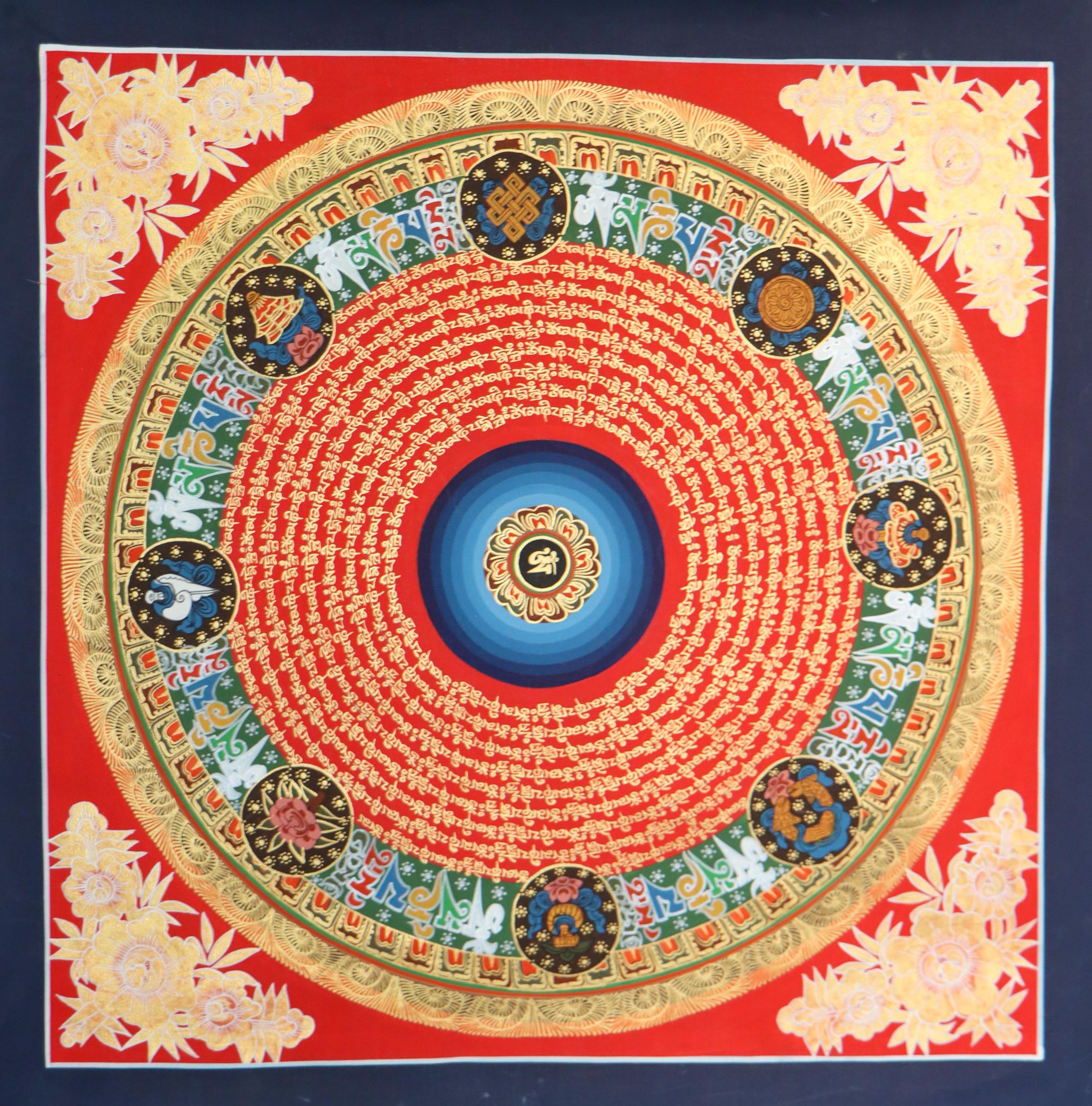 Beautiful Mantra Mandala Thangka with 8 auspicious symbols .