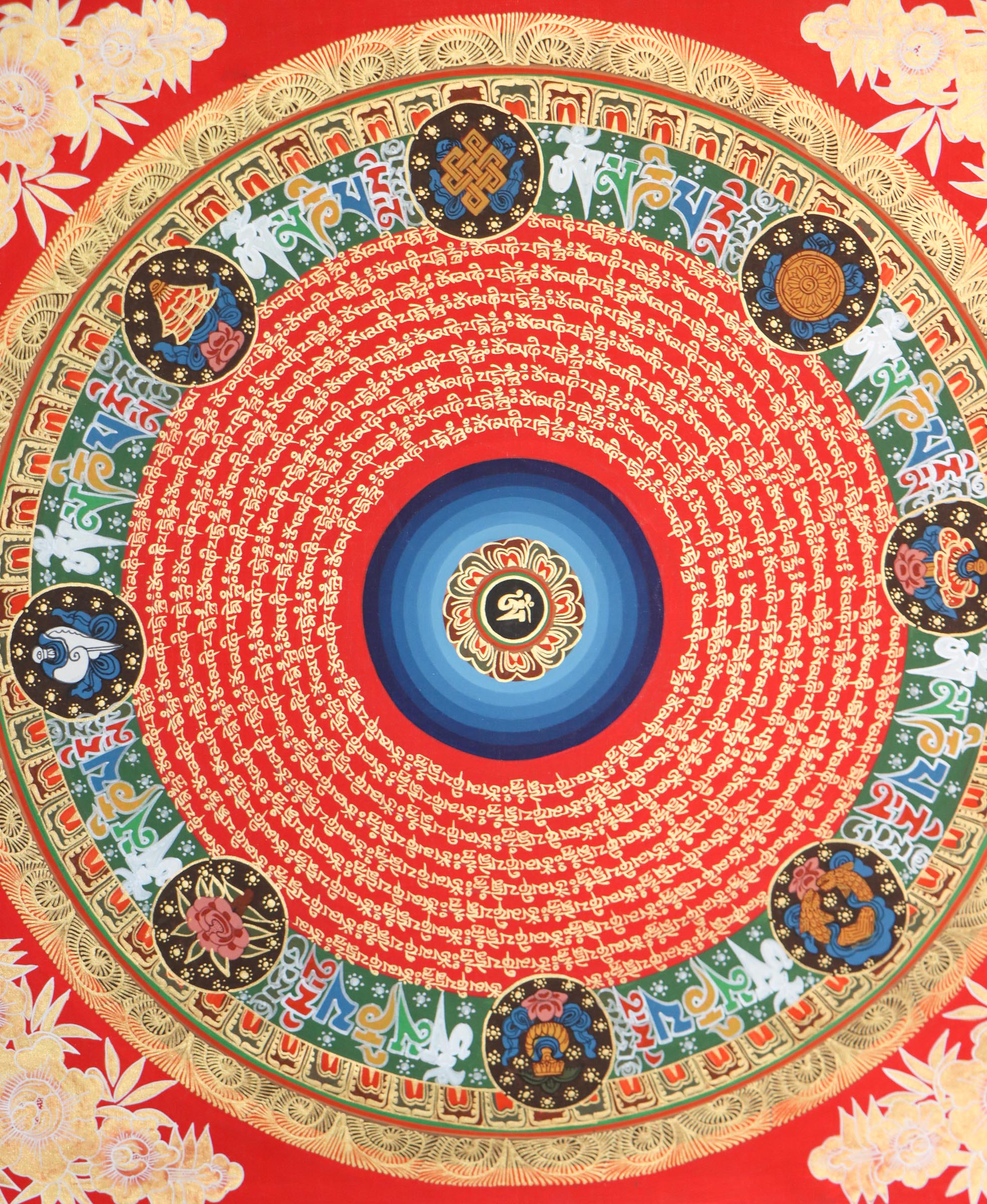 Beautiful Mantra Mandala Thangka with 8 auspicious symbols .