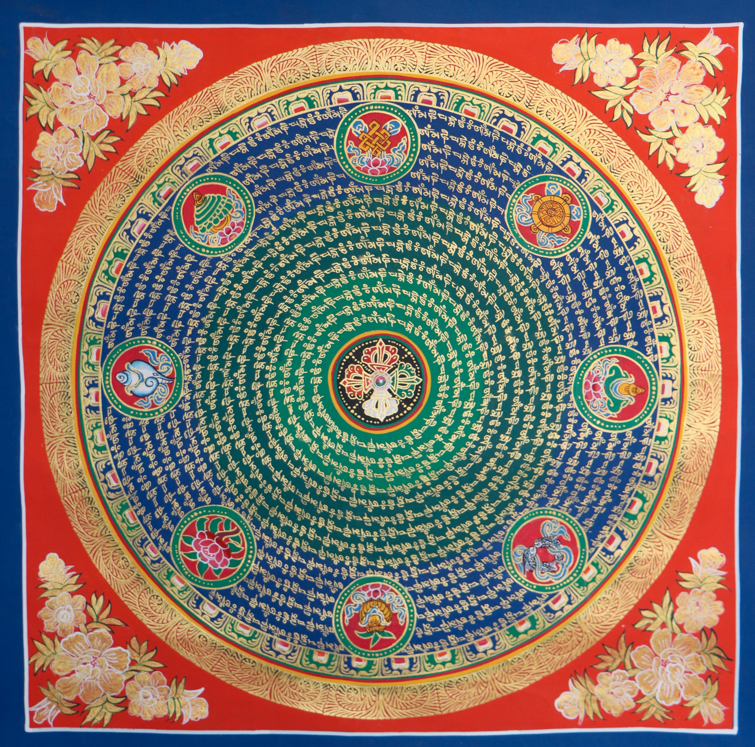 Mantra Mandala with 8 auspicious symbol thangka painting with Bajra at the center for wall hanging