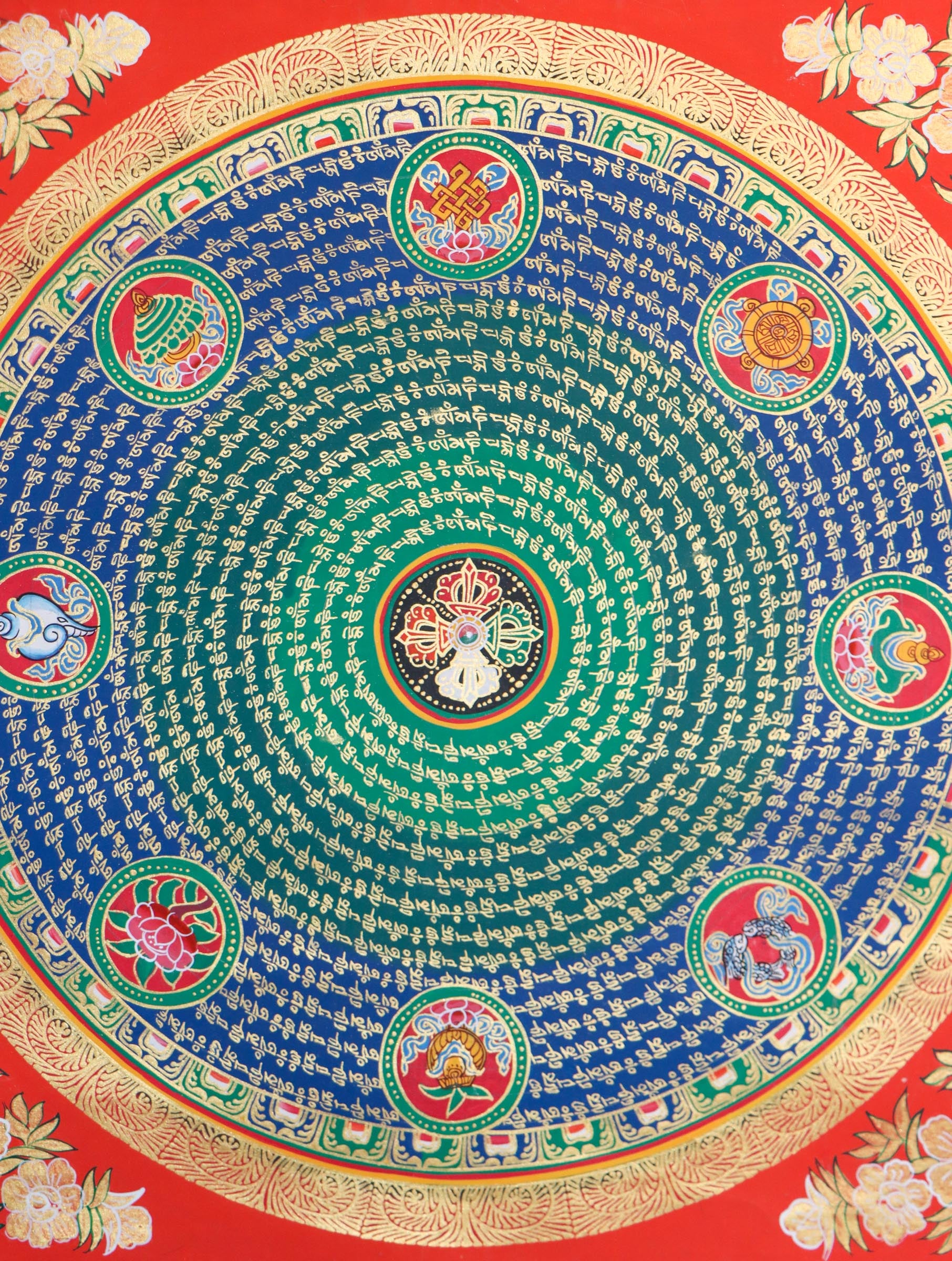 Mantra Mandala with 8 auspicious symbol thangka painting with Bajra at the center for wall hanging