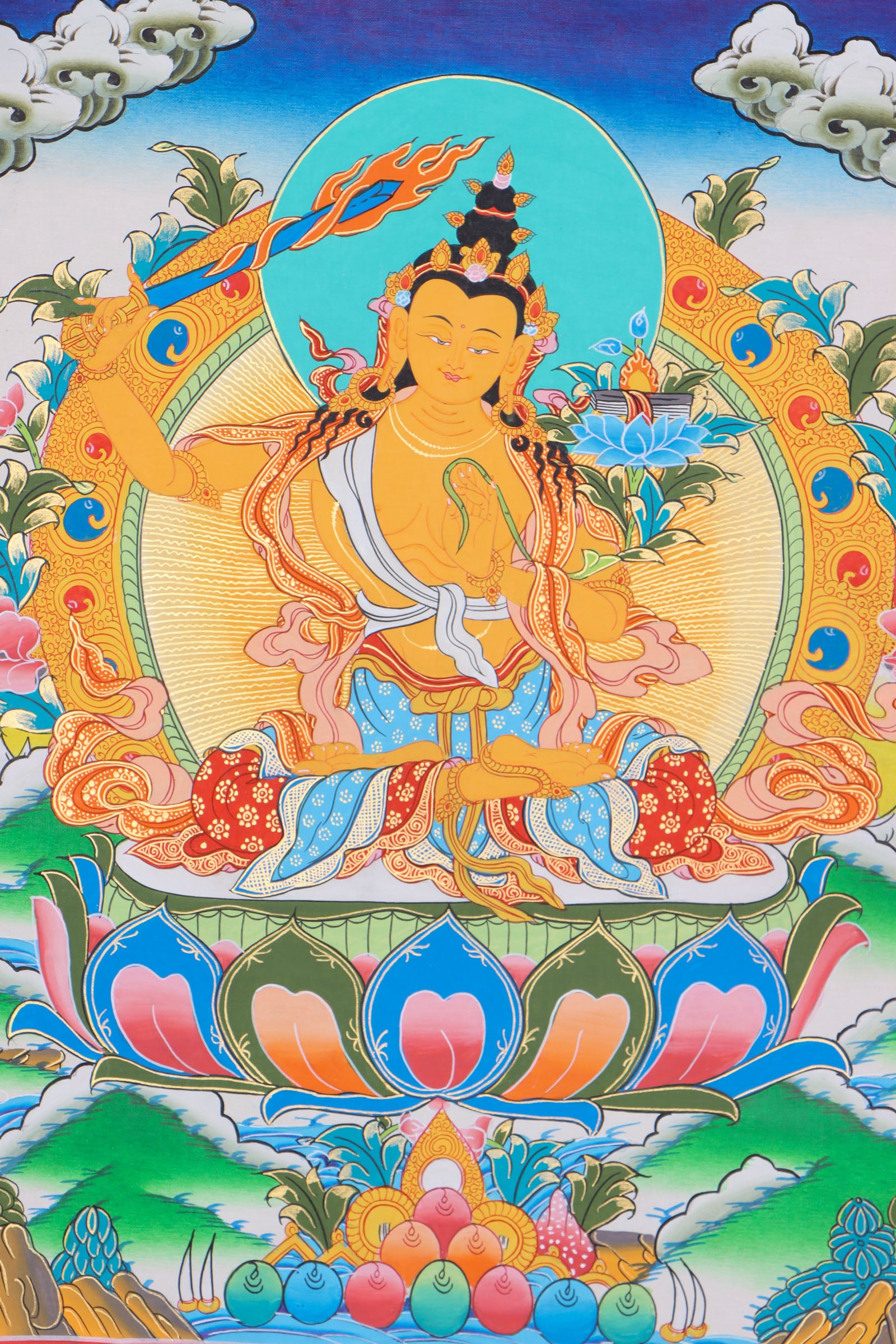 Manjushree Thangka encourages wisdom, discernment, and clarity of mind.
