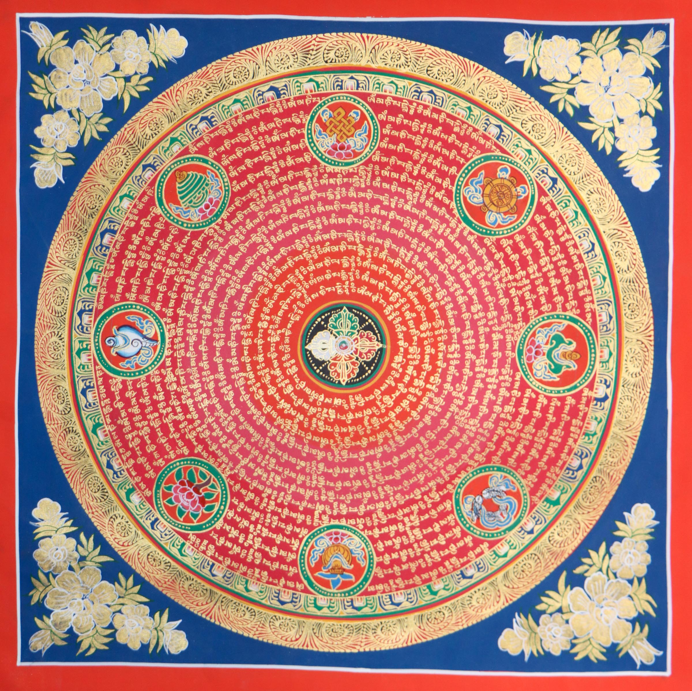 Mantra Mandala with 8 auspicious symbol thangka painting with Bajra at the center for wall hanging