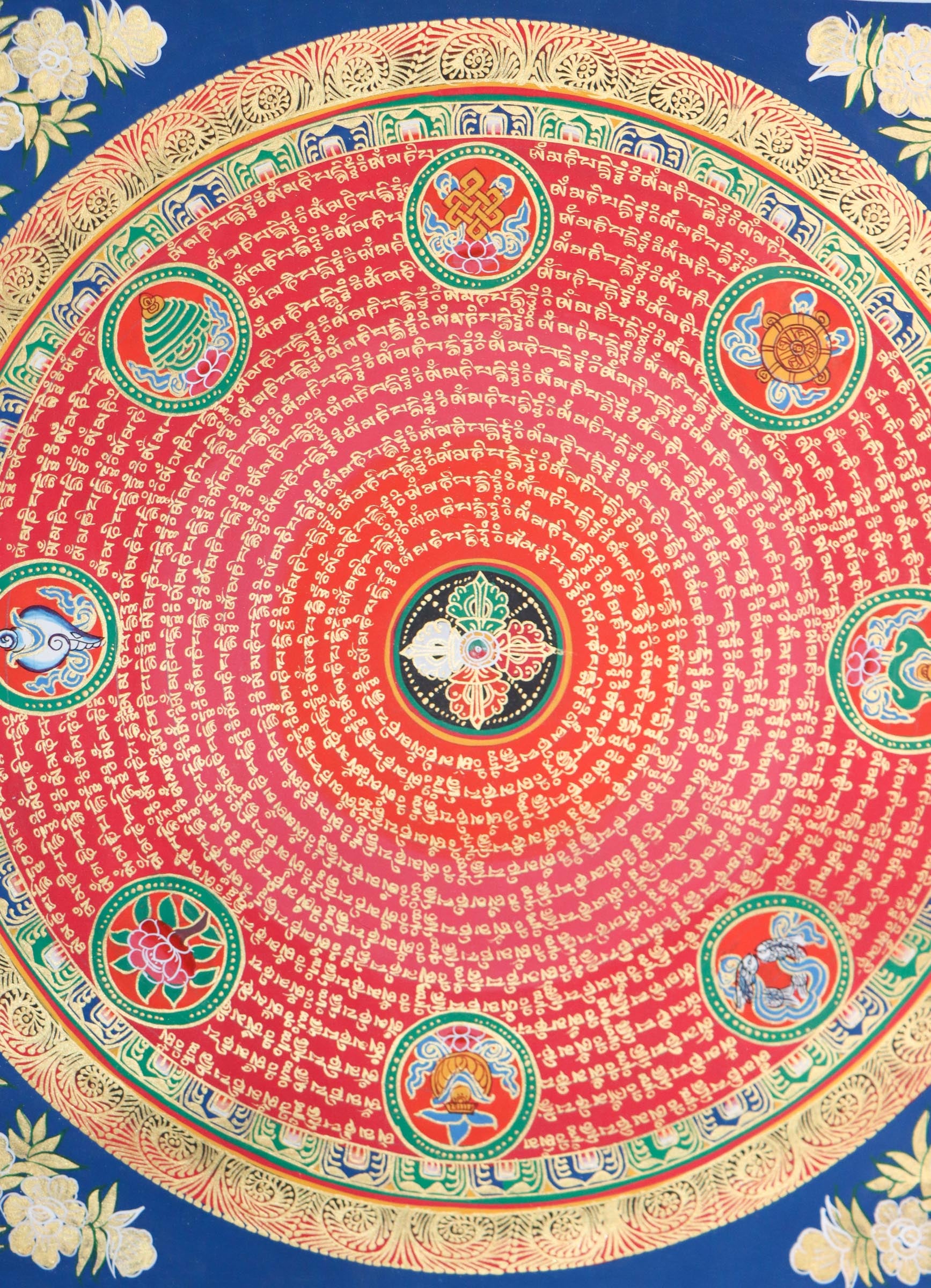 Mantra Mandala with 8 auspicious symbol thangka painting with Bajra at the center for wall hanging