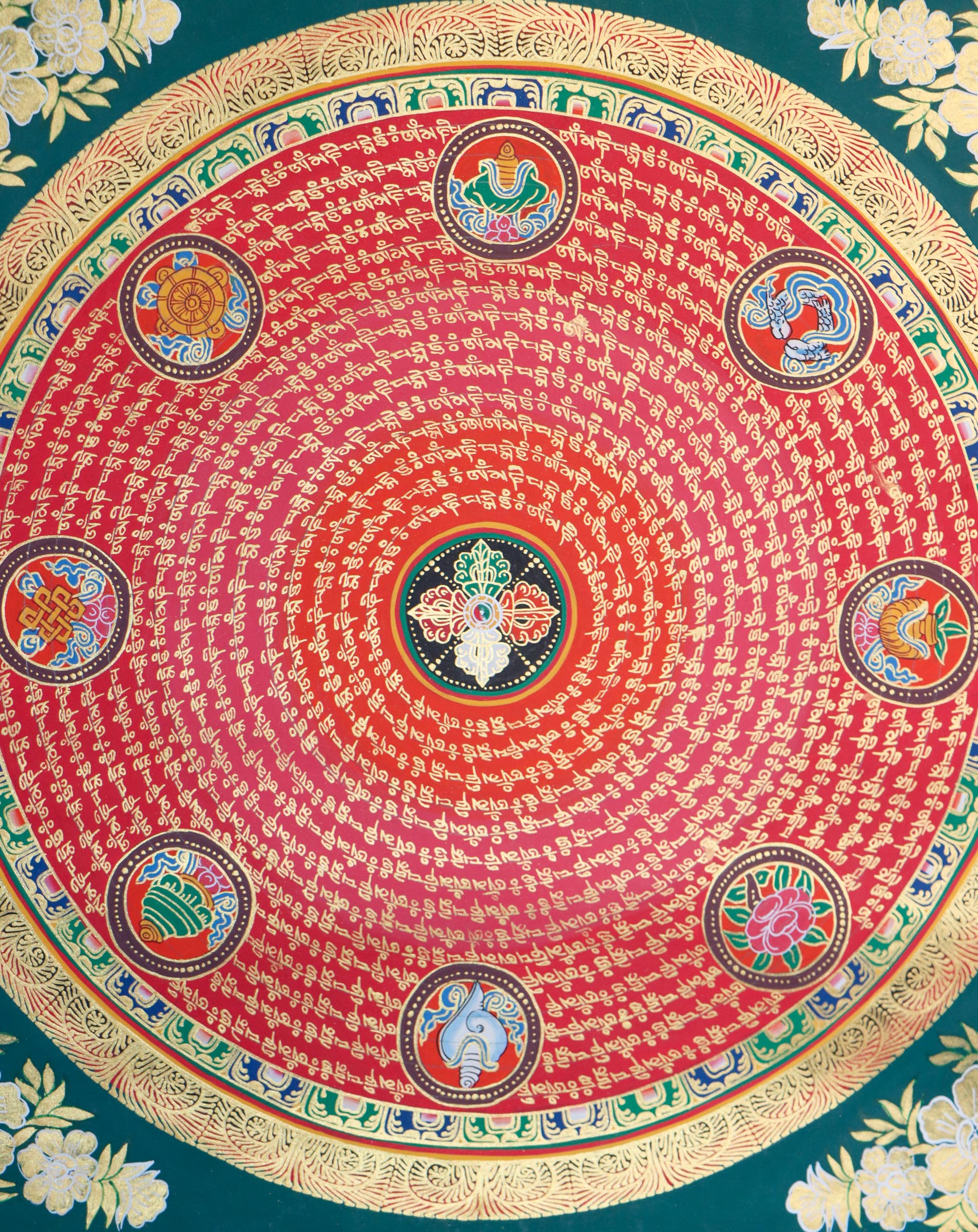 Mantra Mandala with 8 auspicious symbol thangka painting with Bajra at the center for wall hanging