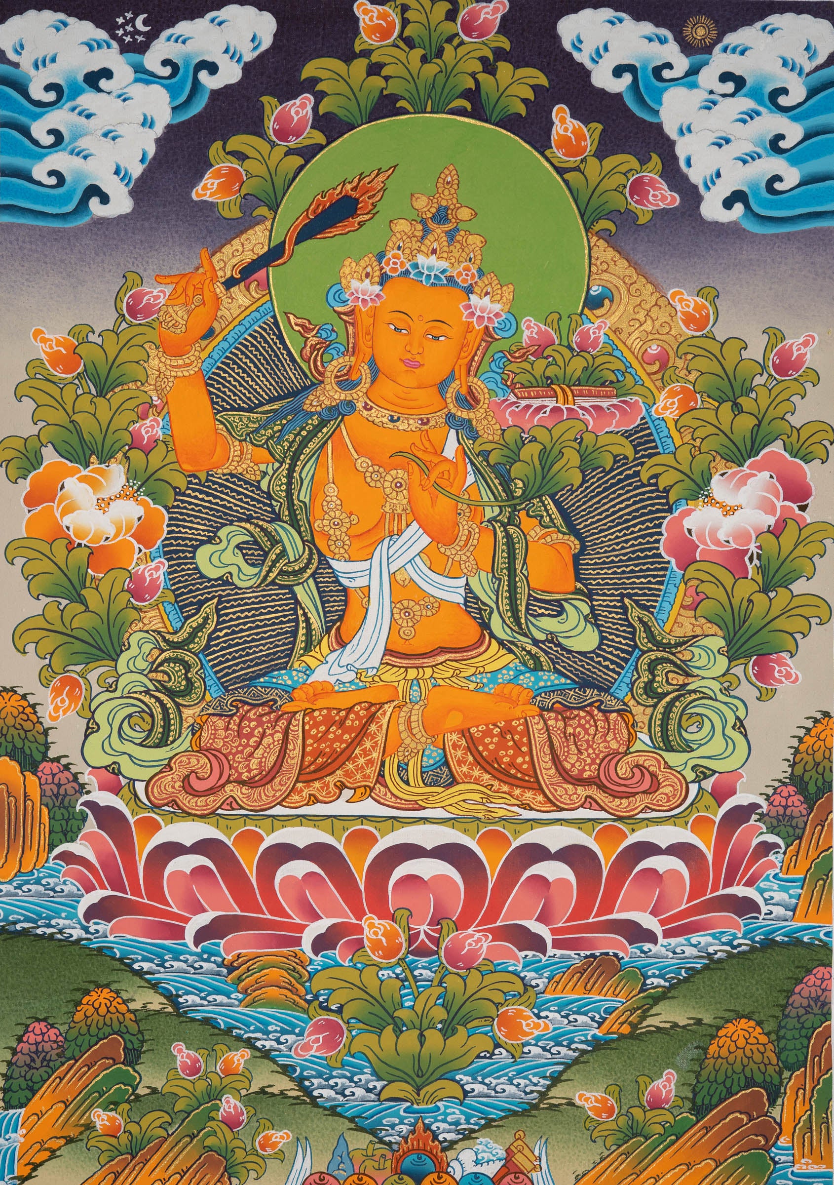 Manjushri Thangka Art - Sacred Tibetan Painting