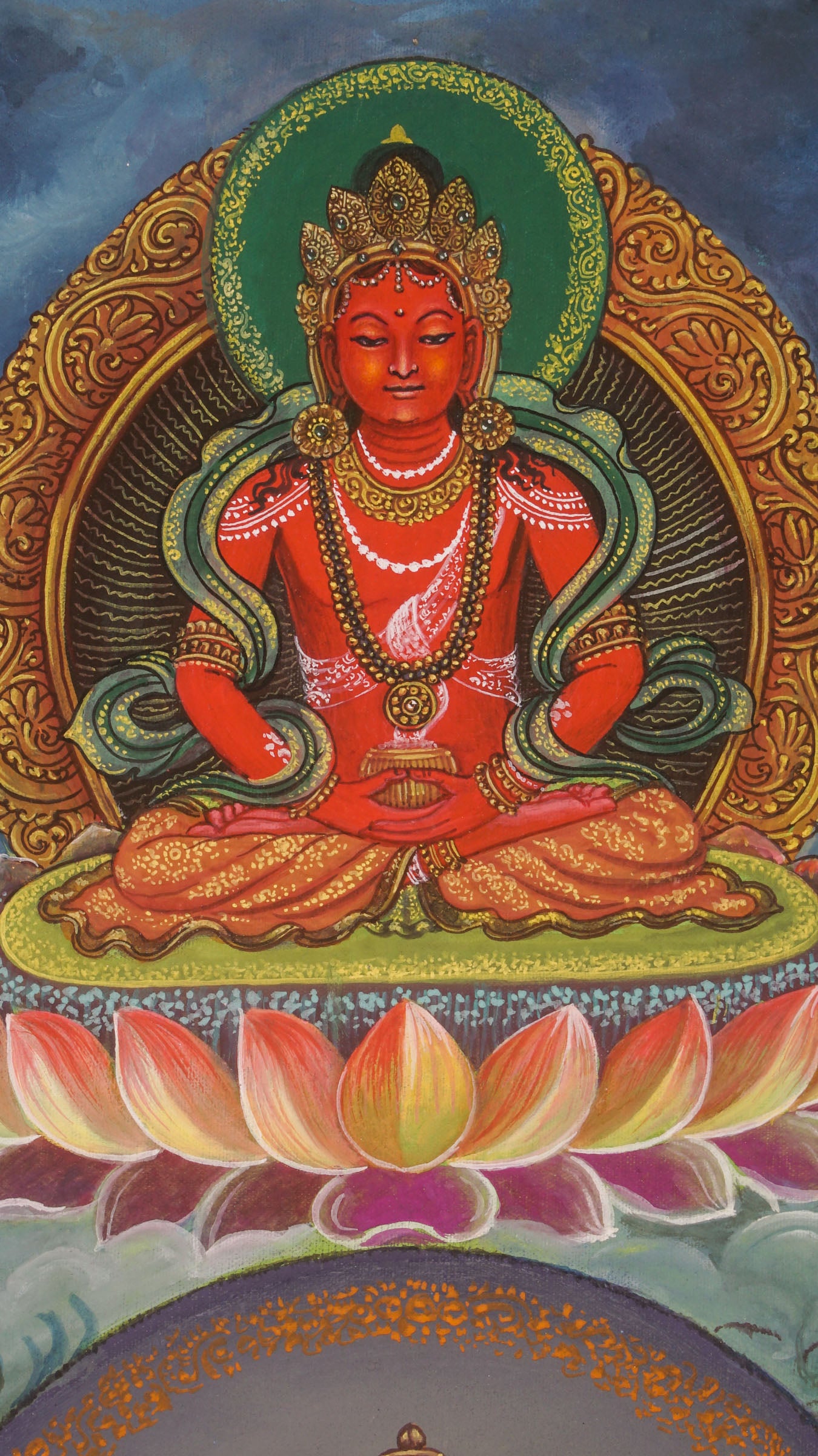 Red Amitayus Buddha - Newari Painting by Senior Artist