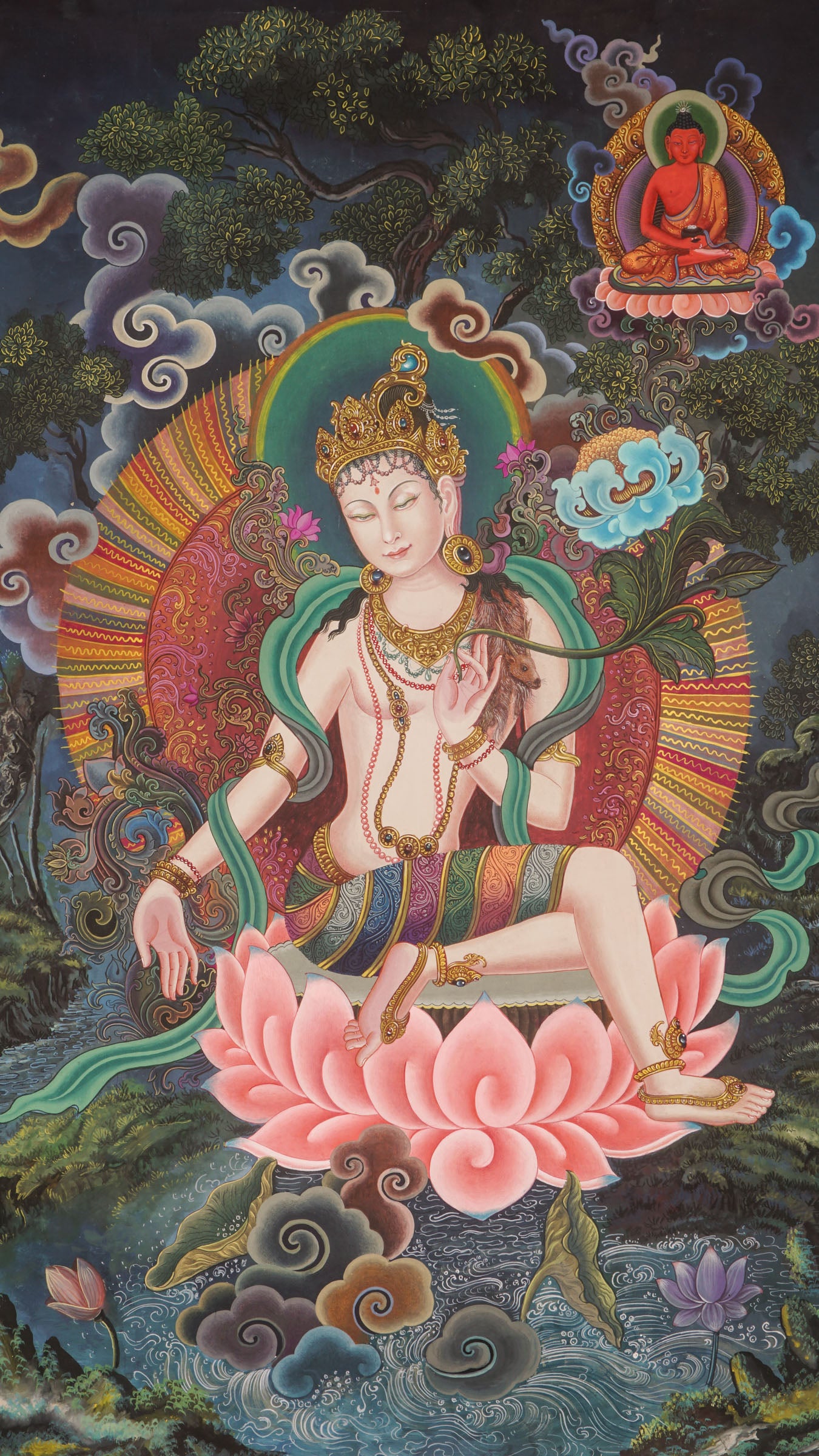 Chenrezig Newari Thangka Painting with Amitabha- Paubha Art