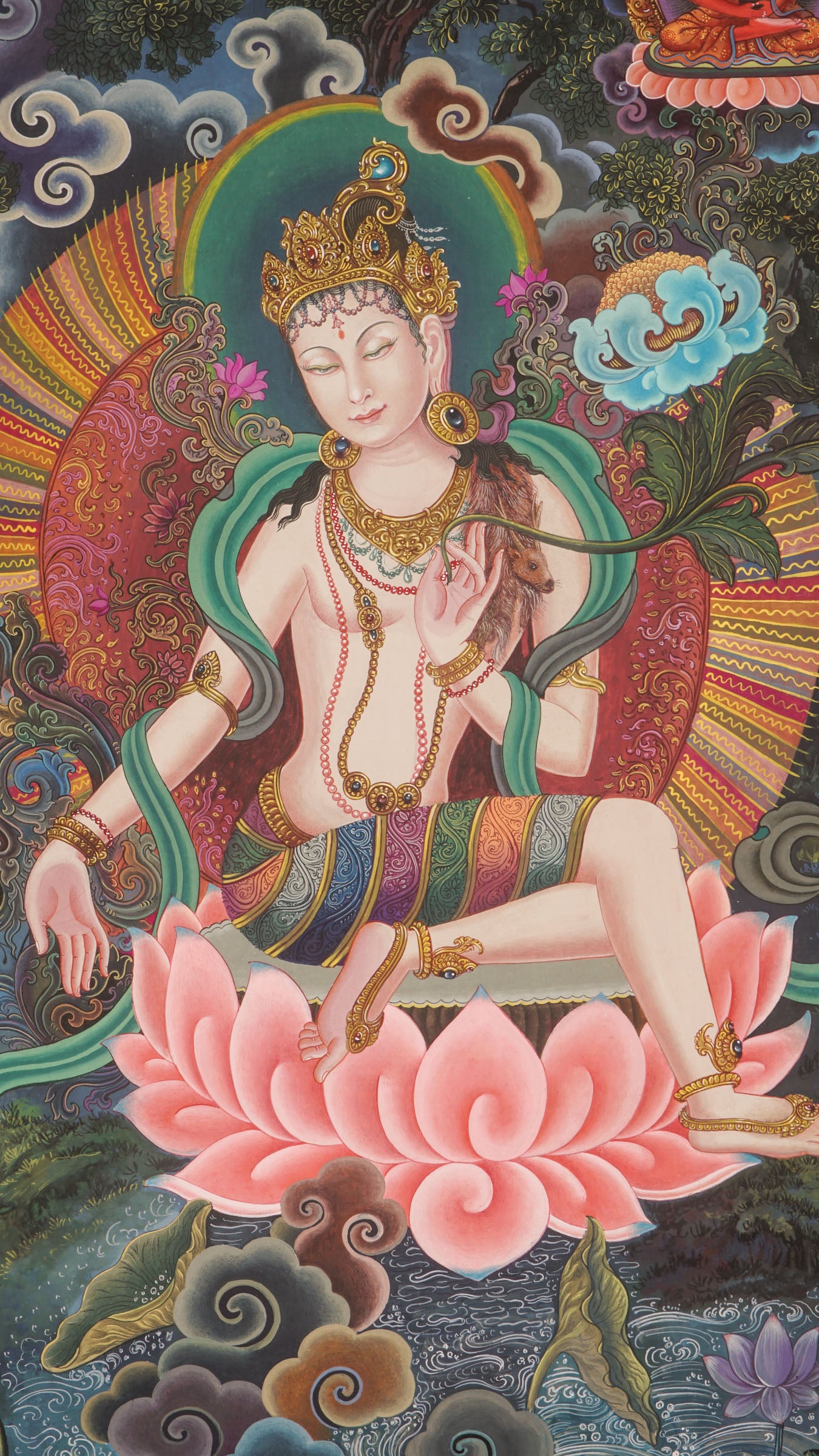 Chenrezig Newari Thangka Painting with Amitabha- Paubha Art