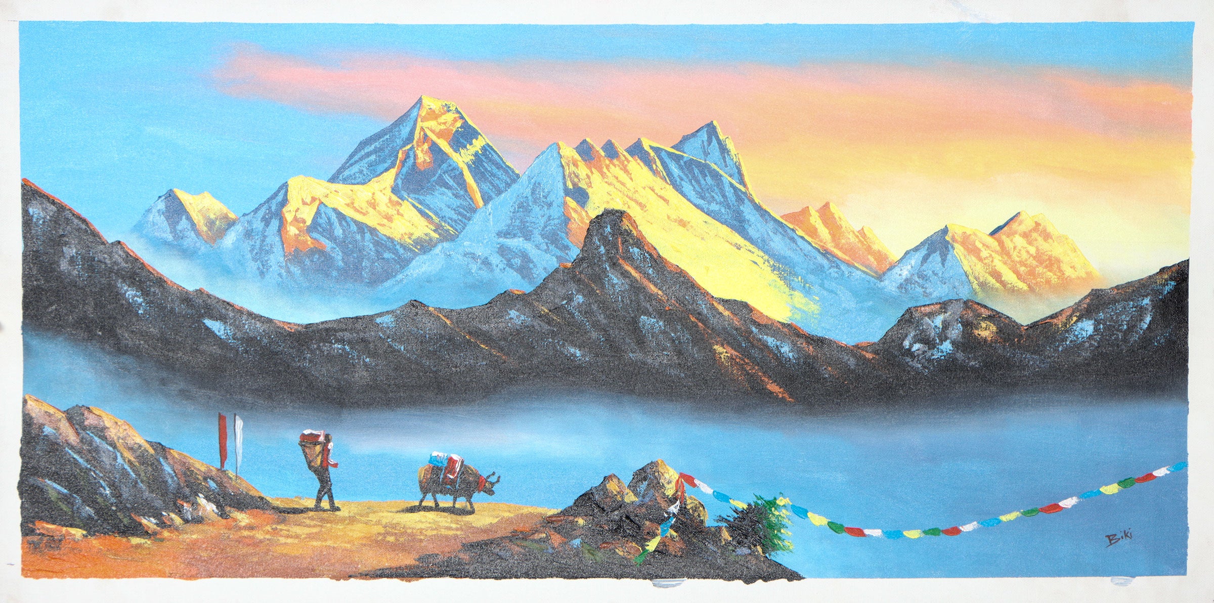 Oil Painting of Mt Everest with beautiful Natural Landscape of Sunrise.
