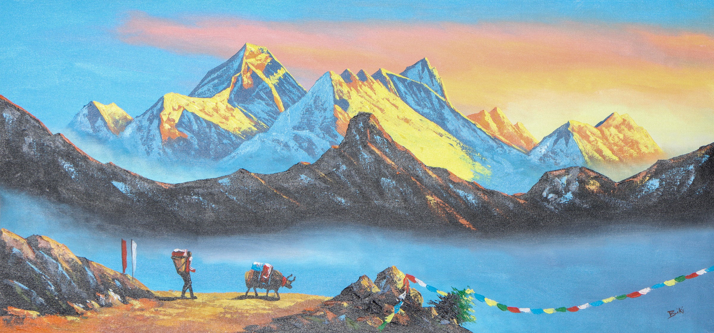 Oil Painting of Mt Everest with beautiful Natural Landscape of Sunrise.