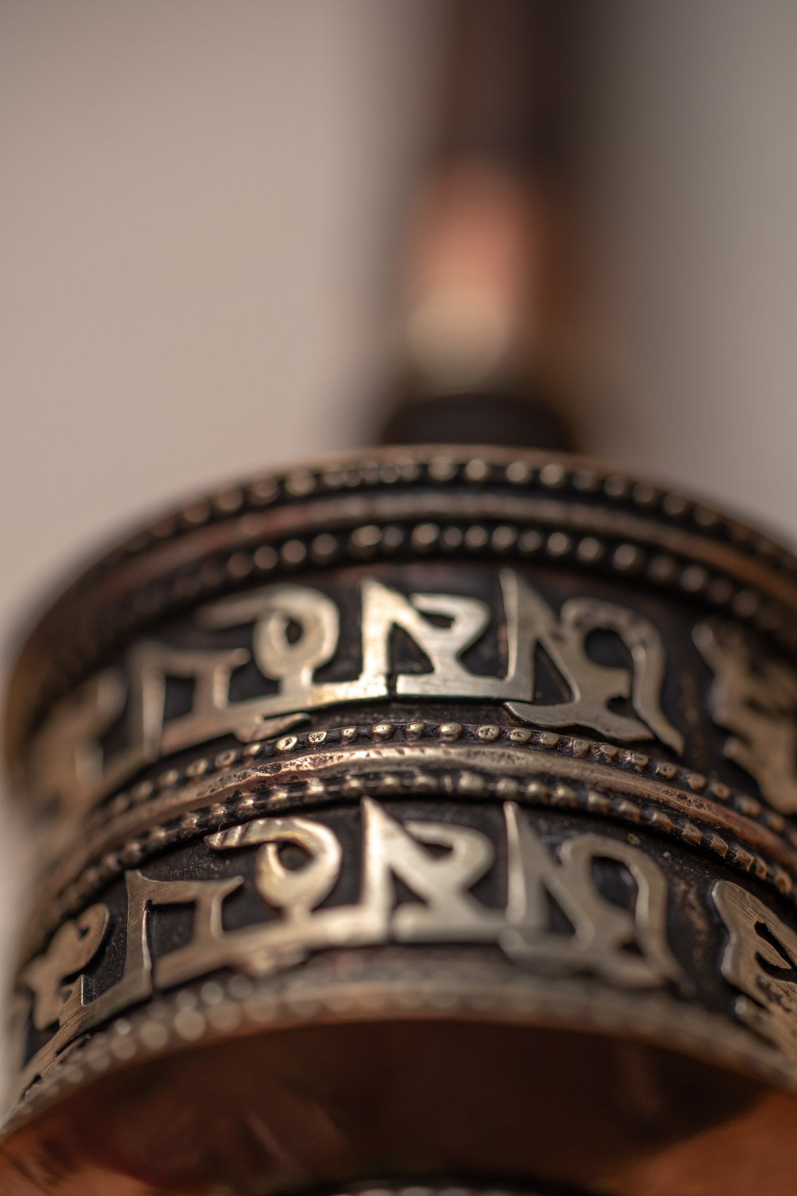 Wood Handle Prayer Wheel for spirituality and religious purpose.