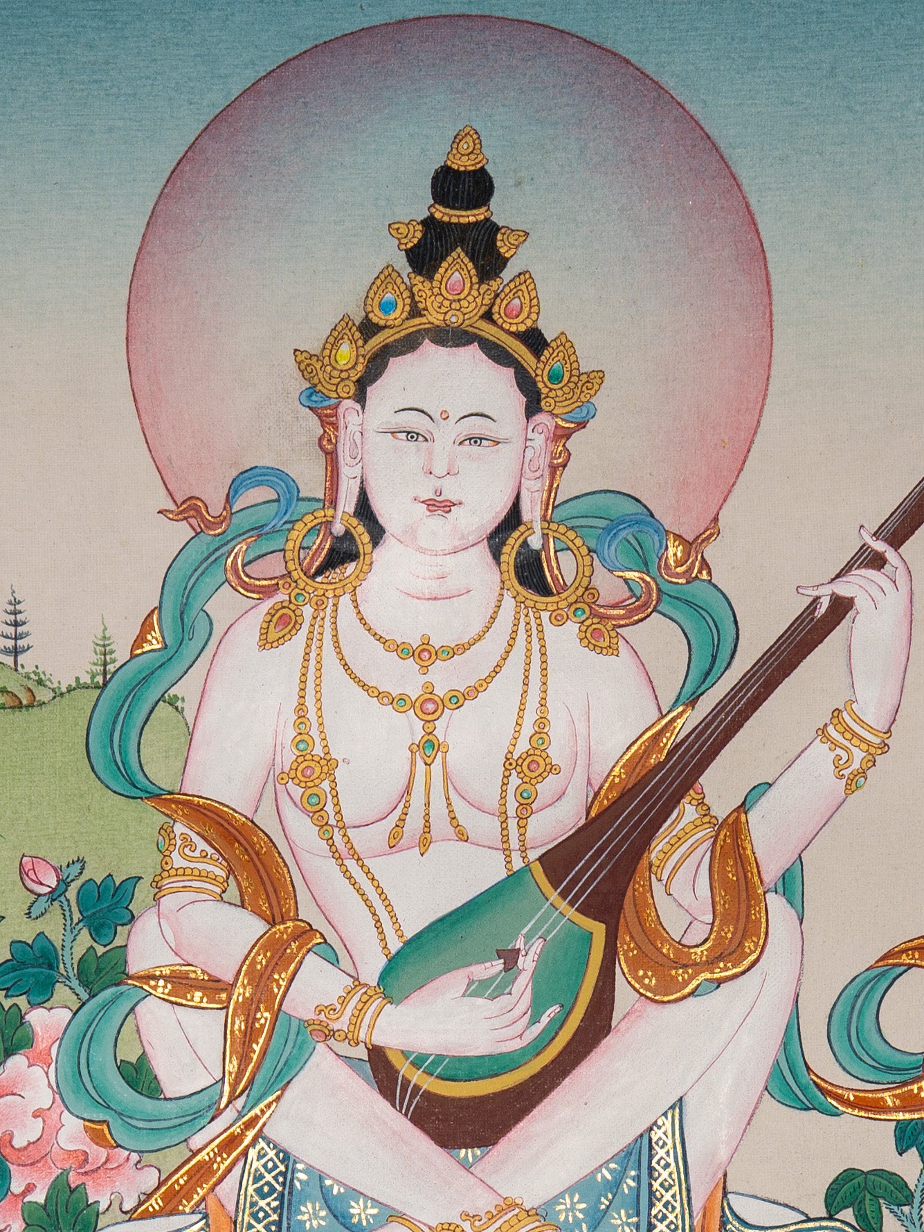 Sacred Saraswati Hand-Painted Thangka