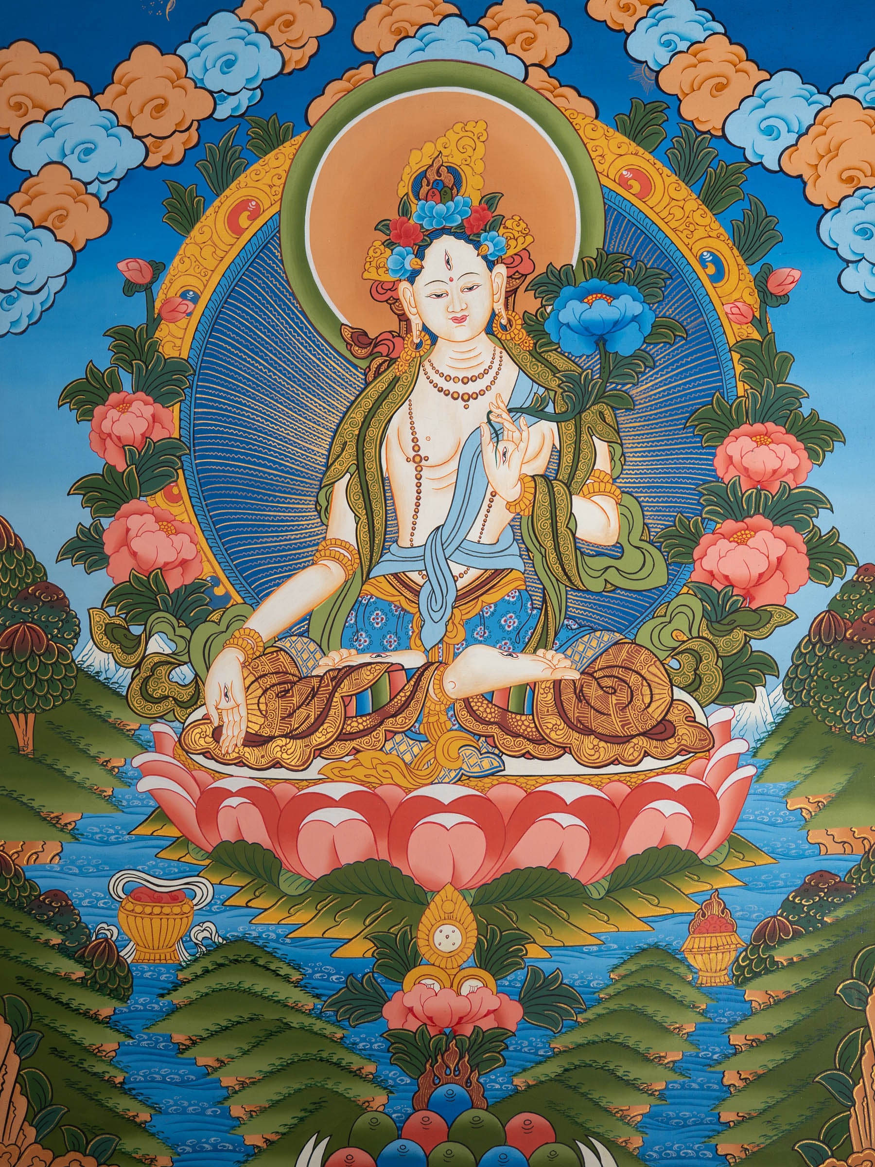 White Tara Thangka Painting - Sacred Tibetan Art