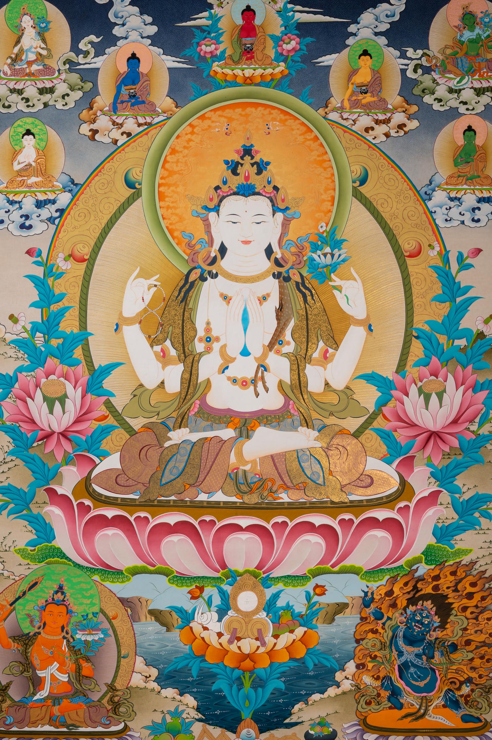 Hand-Painted Chenrezig Thangka - Tibetan Art