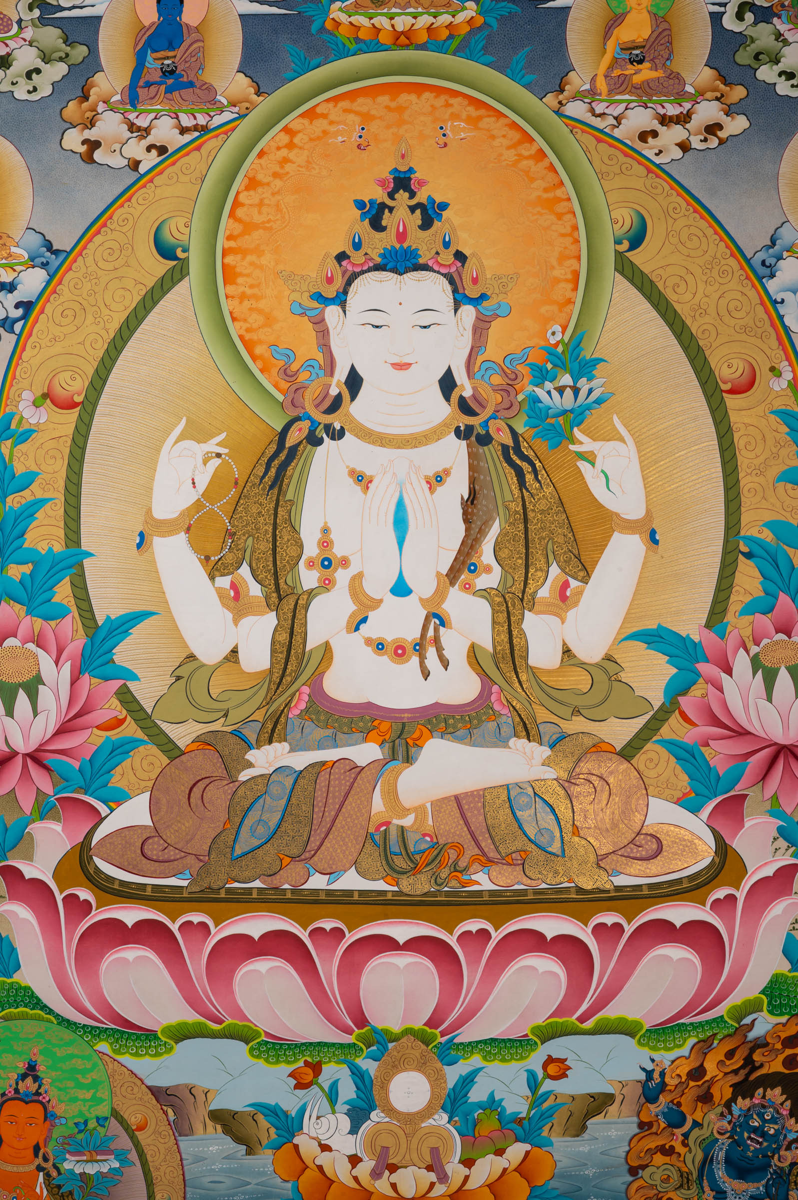 Hand-Painted Chenrezig Thangka - Tibetan Art