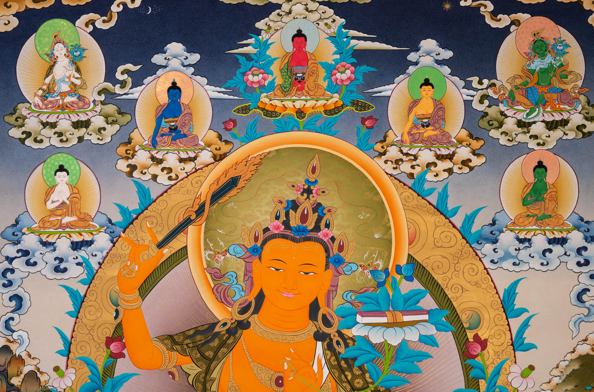 Manjushri Thangka Painting - Sacred Handpainted Art