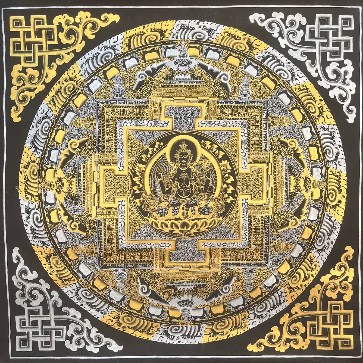 Deity Black & Gold Kalachakra Mandala for wall hanging decor.