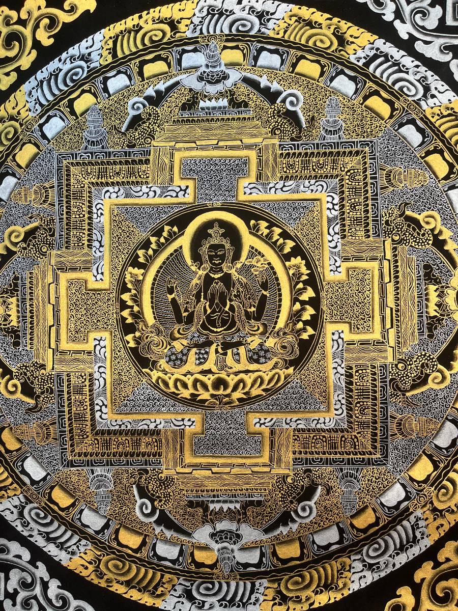 Deity Black & Gold Kalachakra Mandala for wall hanging decor.