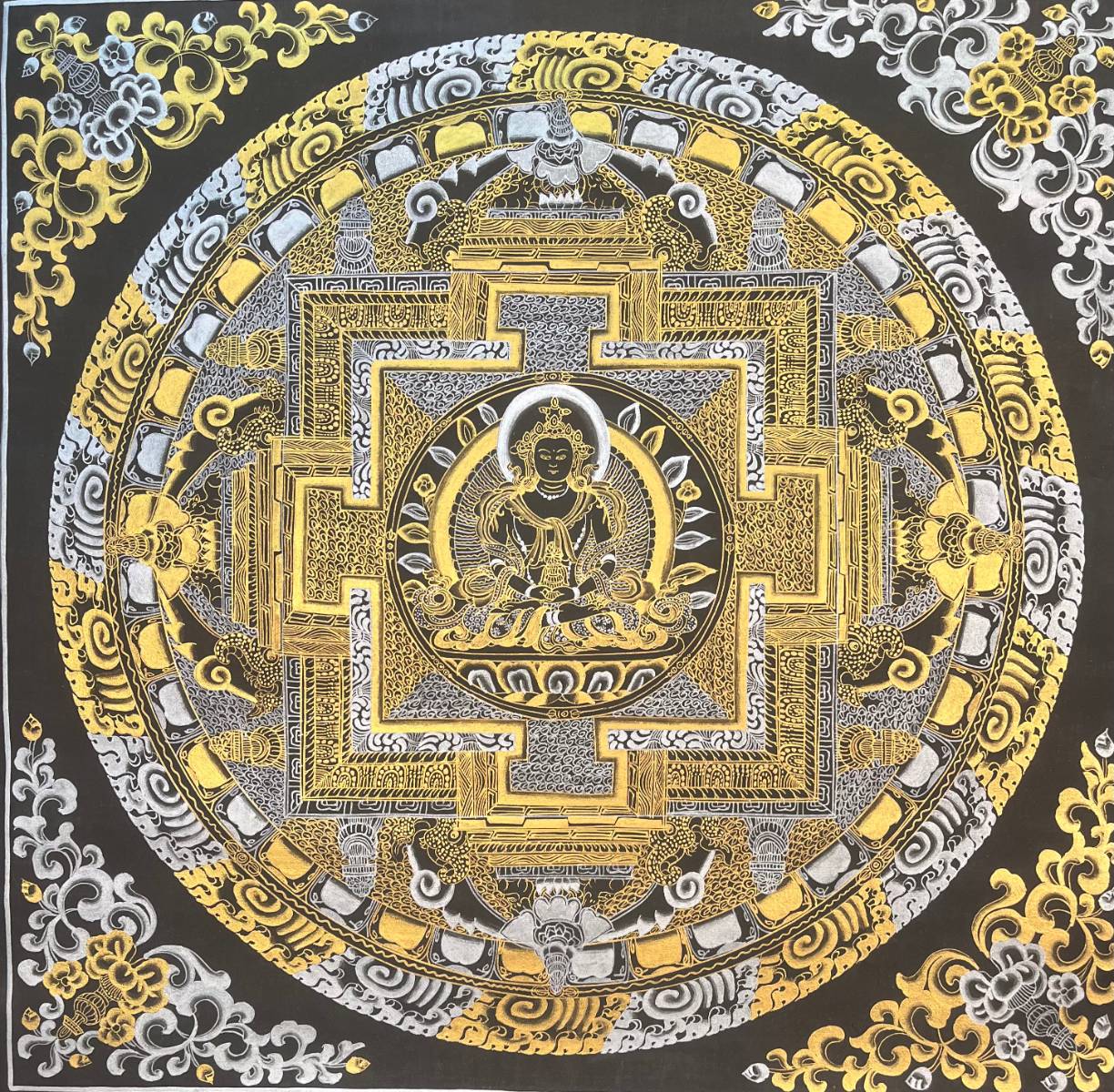 Deity Black & Gold Kalachakra Mandala for wall hanging decor.