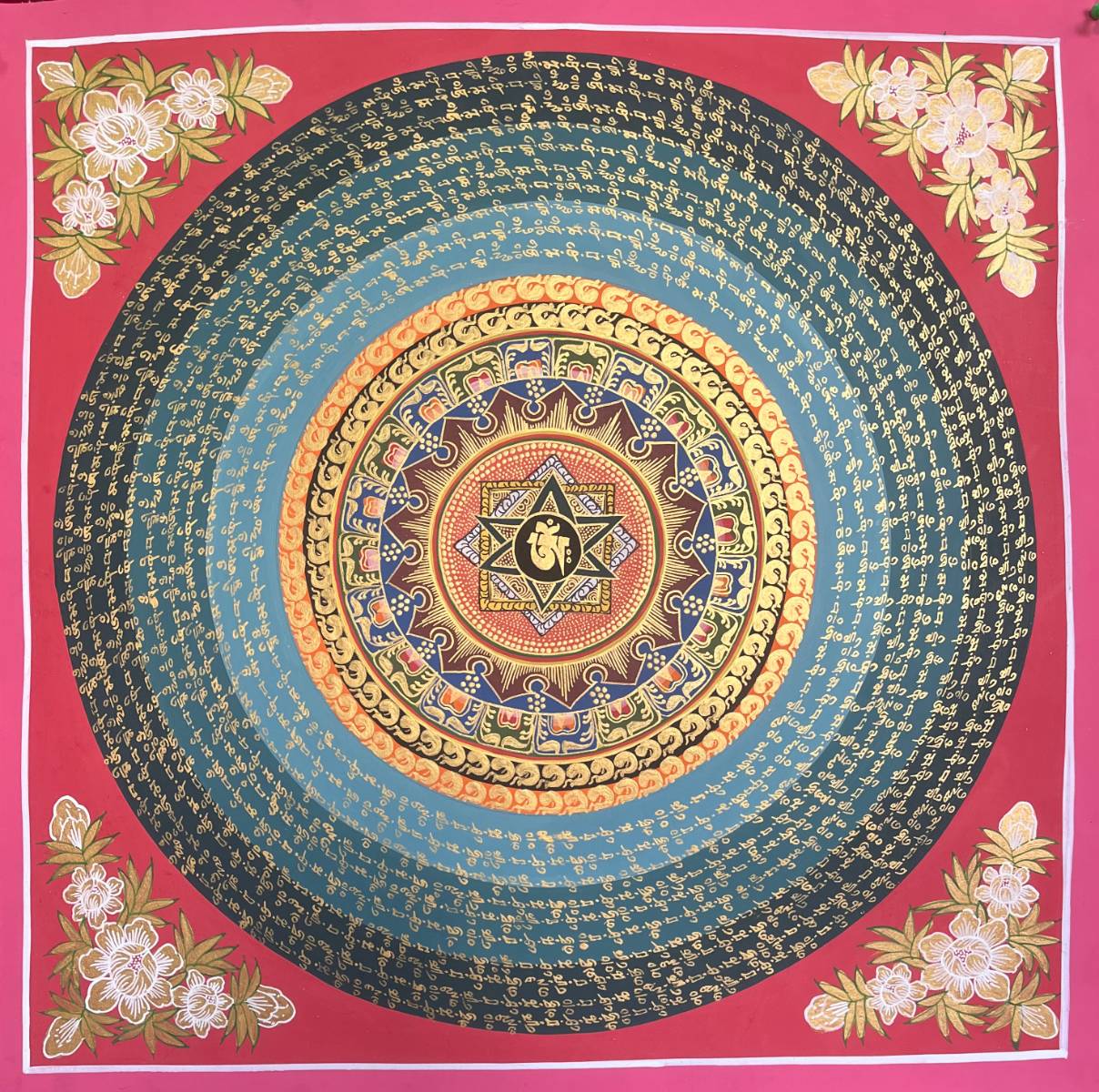 Om Mandala Thangka - Tibetan Painting Red color with Flower Art