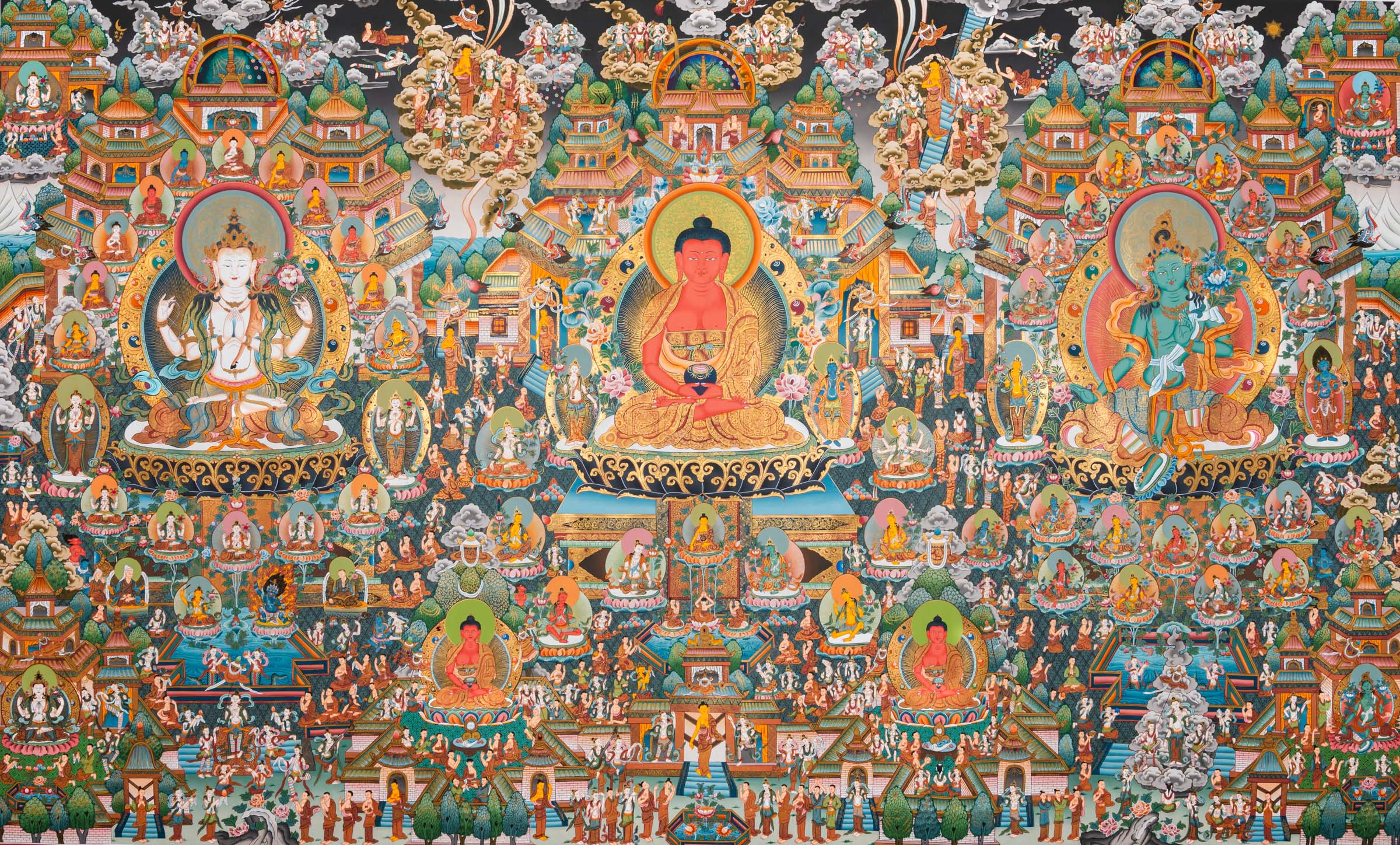 Pure Land Amitabha Buddha Thangka - Handpainted Art