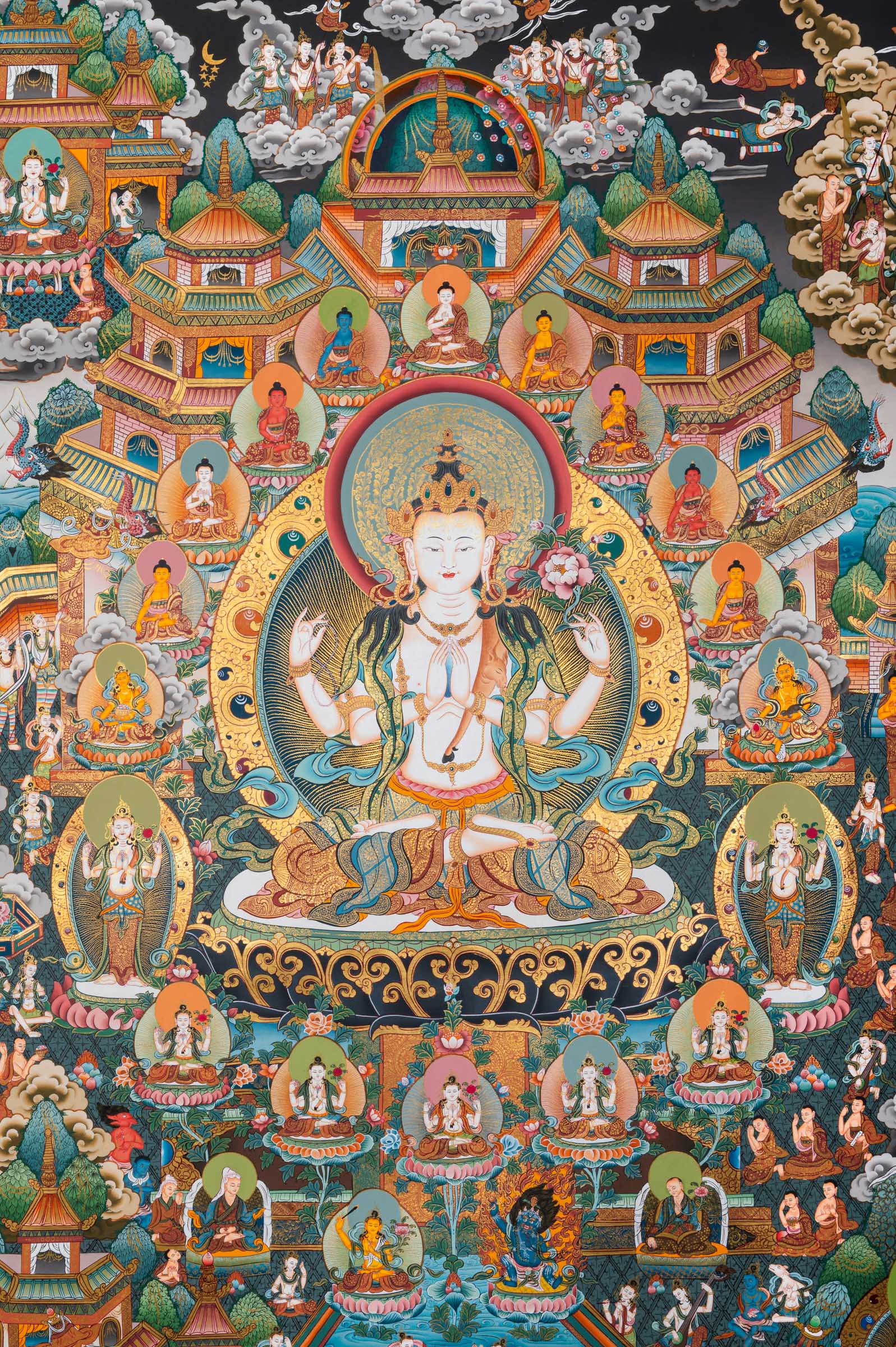 Pure Land Amitabha Buddha Thangka - Handpainted Art