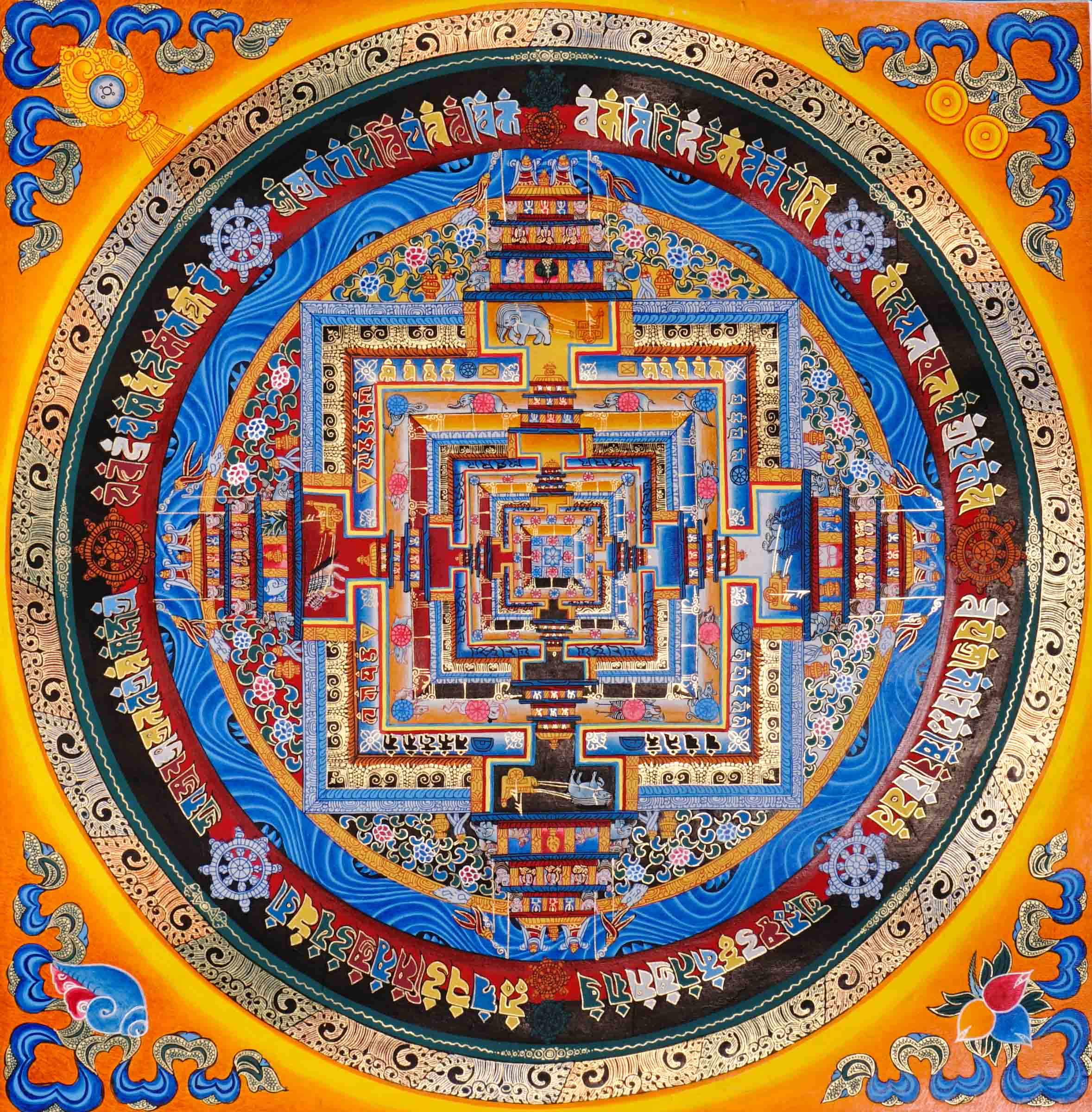 Traditional Kalachakra Mandala Thangka painting showing sacred Tibetan mandala with intricate cosmic geometry.