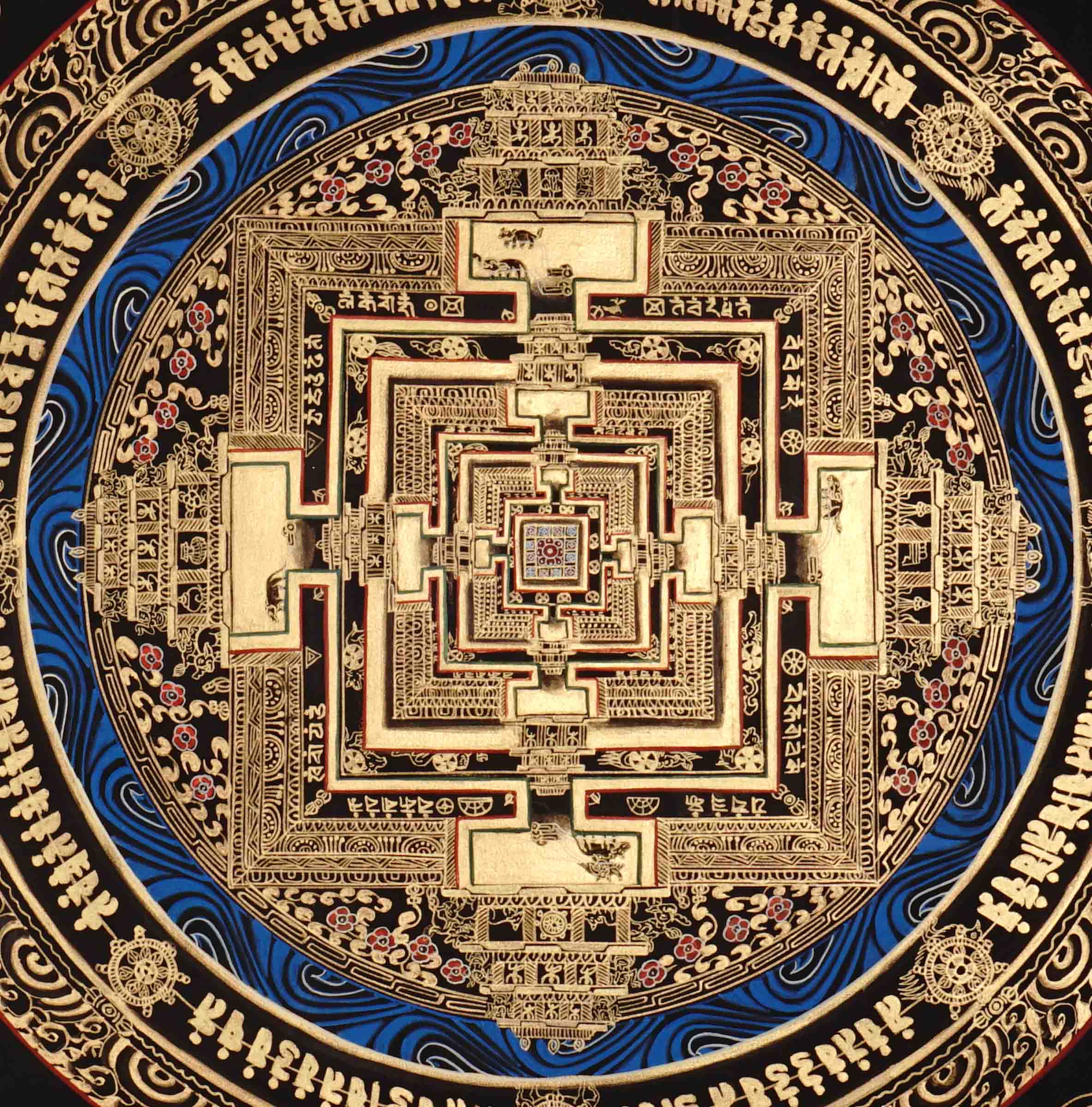 Kalachakra Mandala Thangka Black Gold Wheel of Time Art Nepal