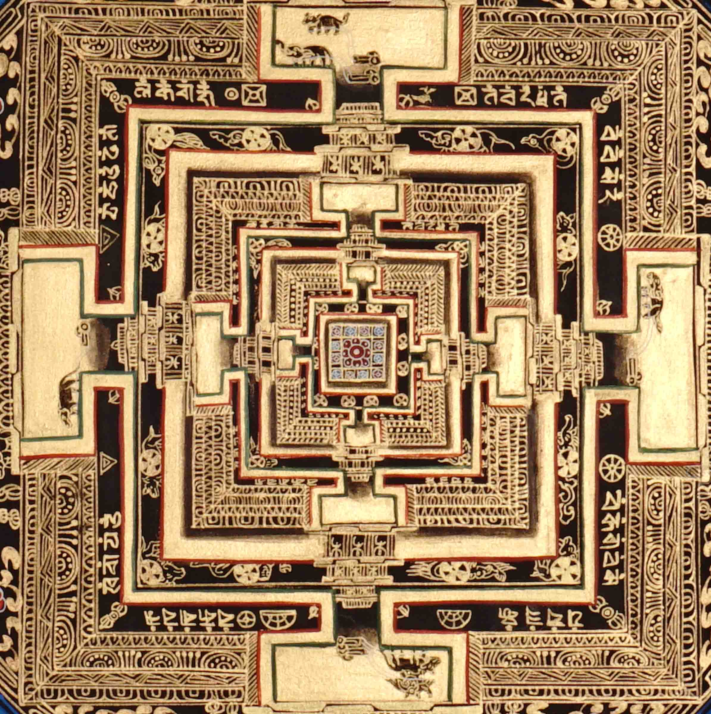 Kalachakra Mandala Thangka Black Gold Wheel of Time Art Nepal