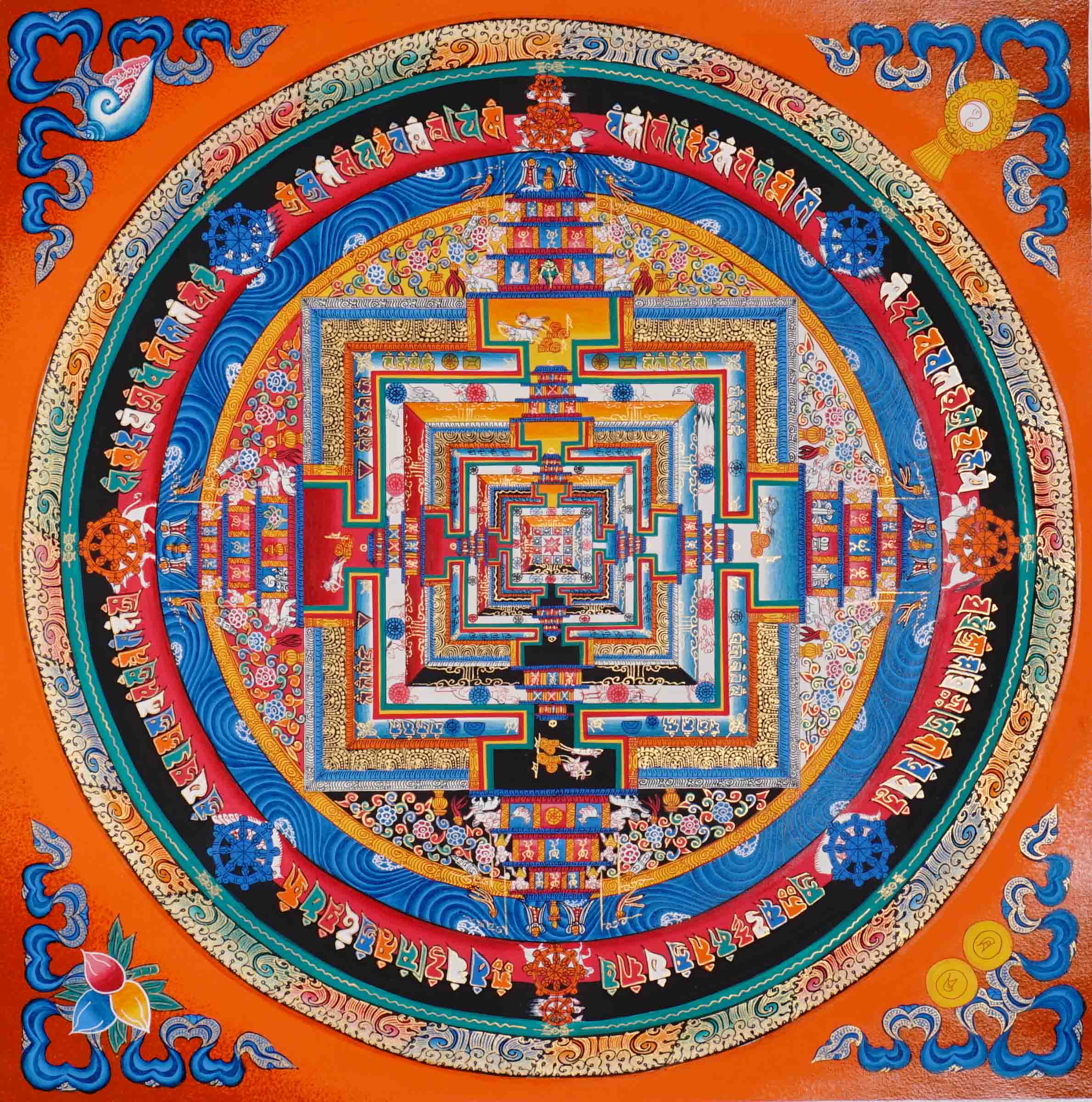 Orange multicolor Kalachakra Mandala Thangka Wheel of Time Sacred art Nepal