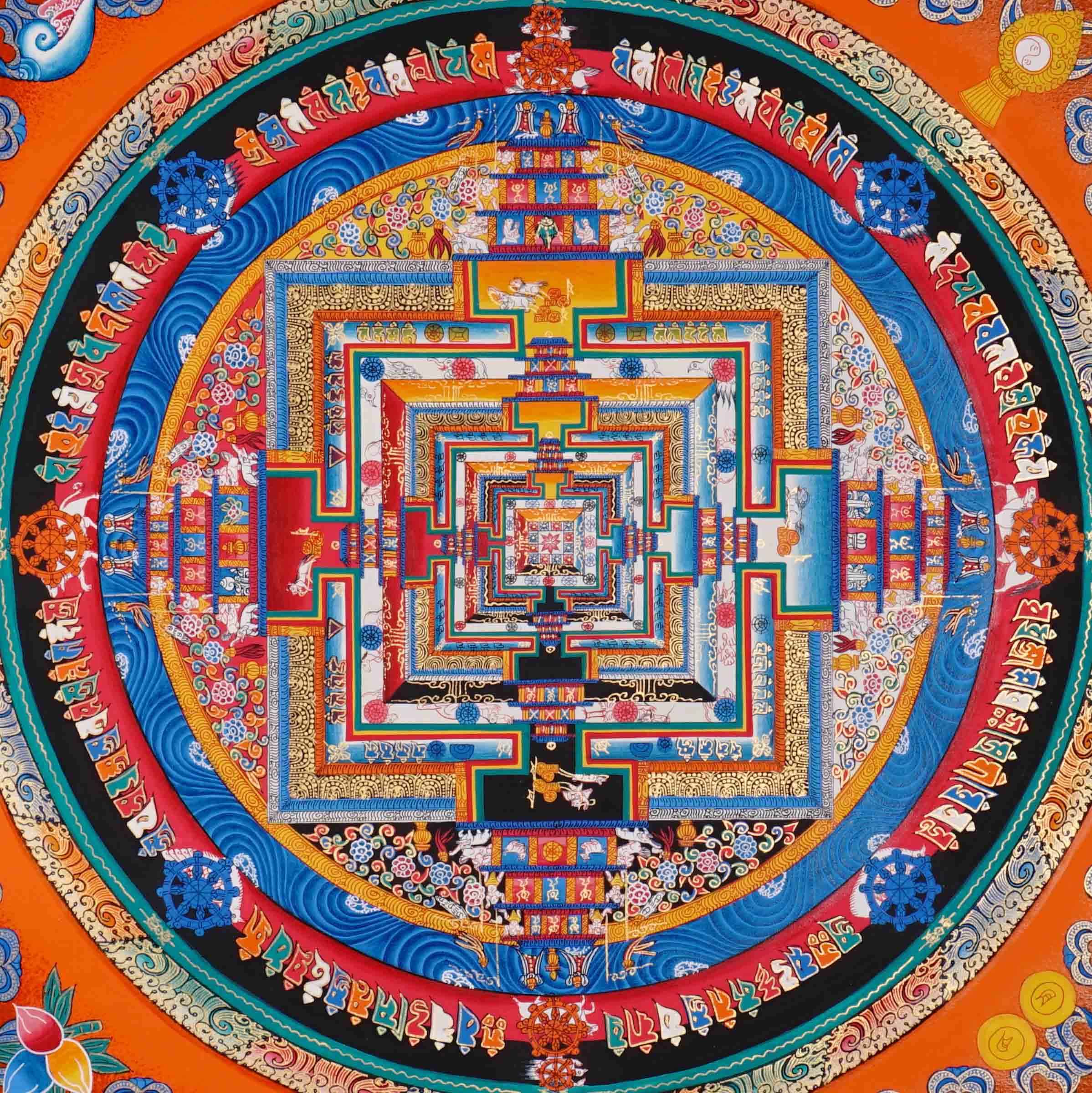 Orange multicolor Kalachakra Mandala Thangka Wheel of Time Sacred art Nepal